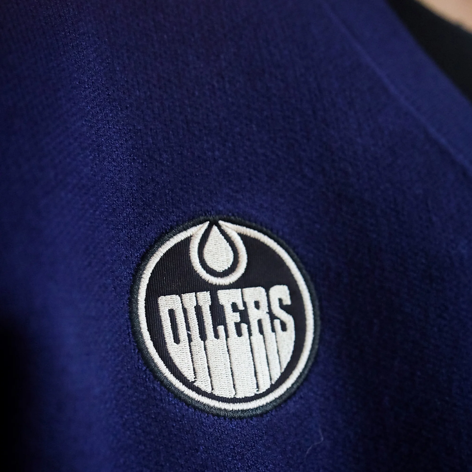 Edmonton Oilers Unisex Peace Collective Navy Collegiate Knit Cardigan Sweater - Image 3