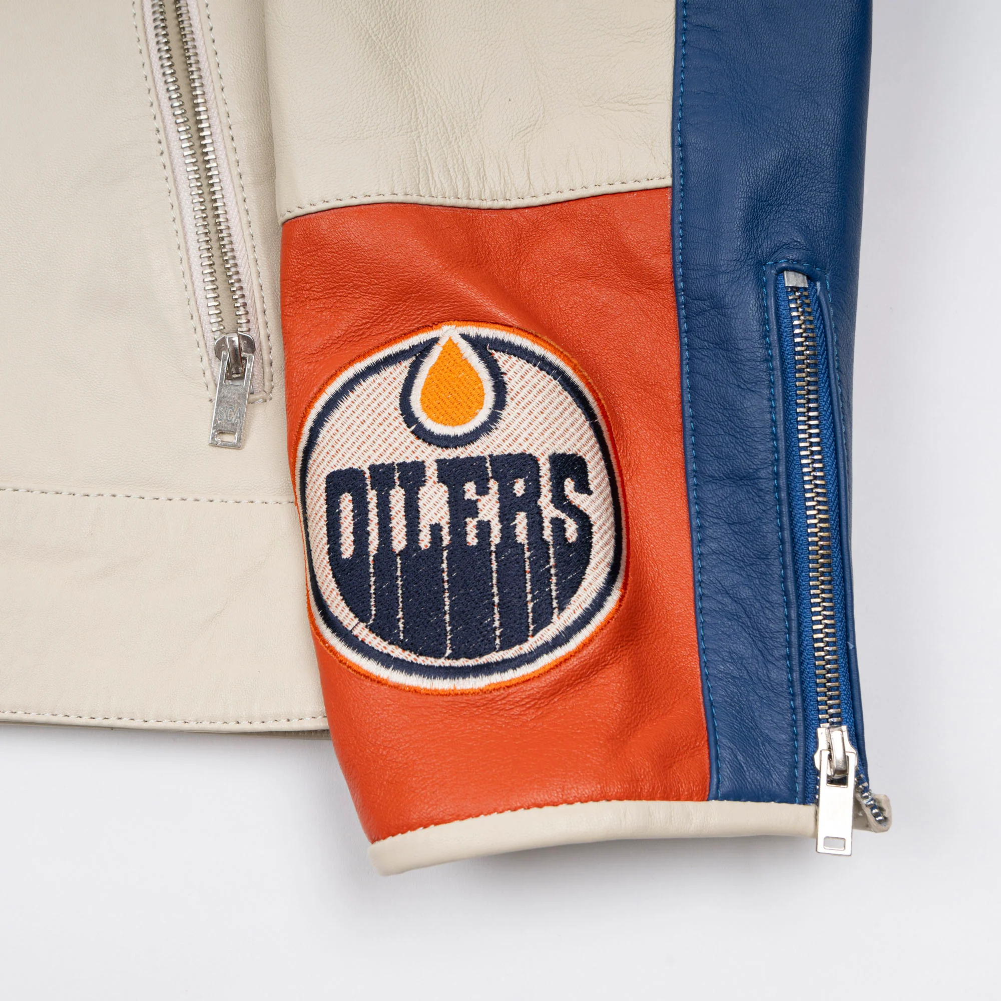 Edmonton Oilers Unisex Sports Club Atelier by Lauren McDavid Cream Leather Racer Jacket - Image 4