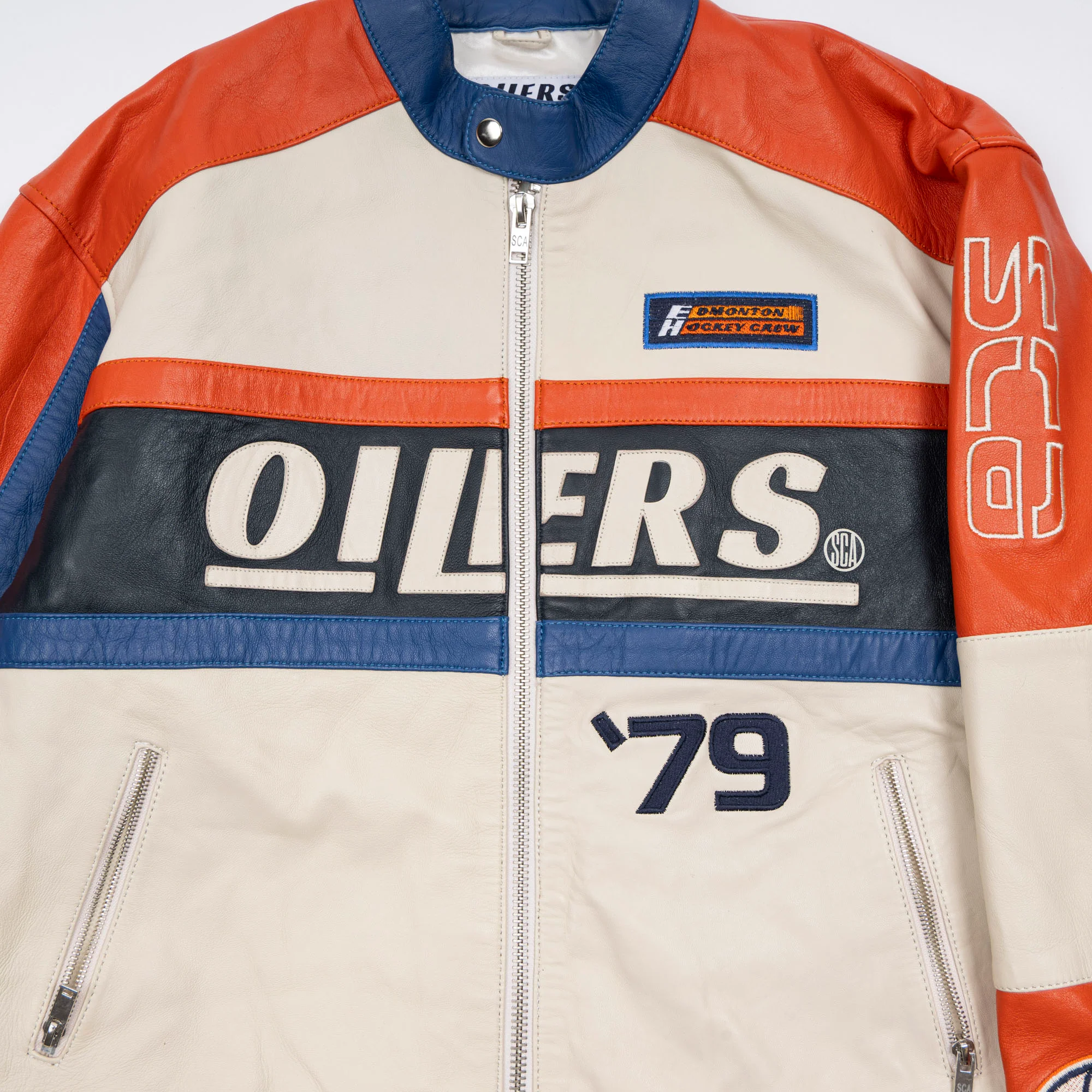 Edmonton Oilers Unisex Sports Club Atelier by Lauren McDavid Cream Leather Racer Jacket - Image 5