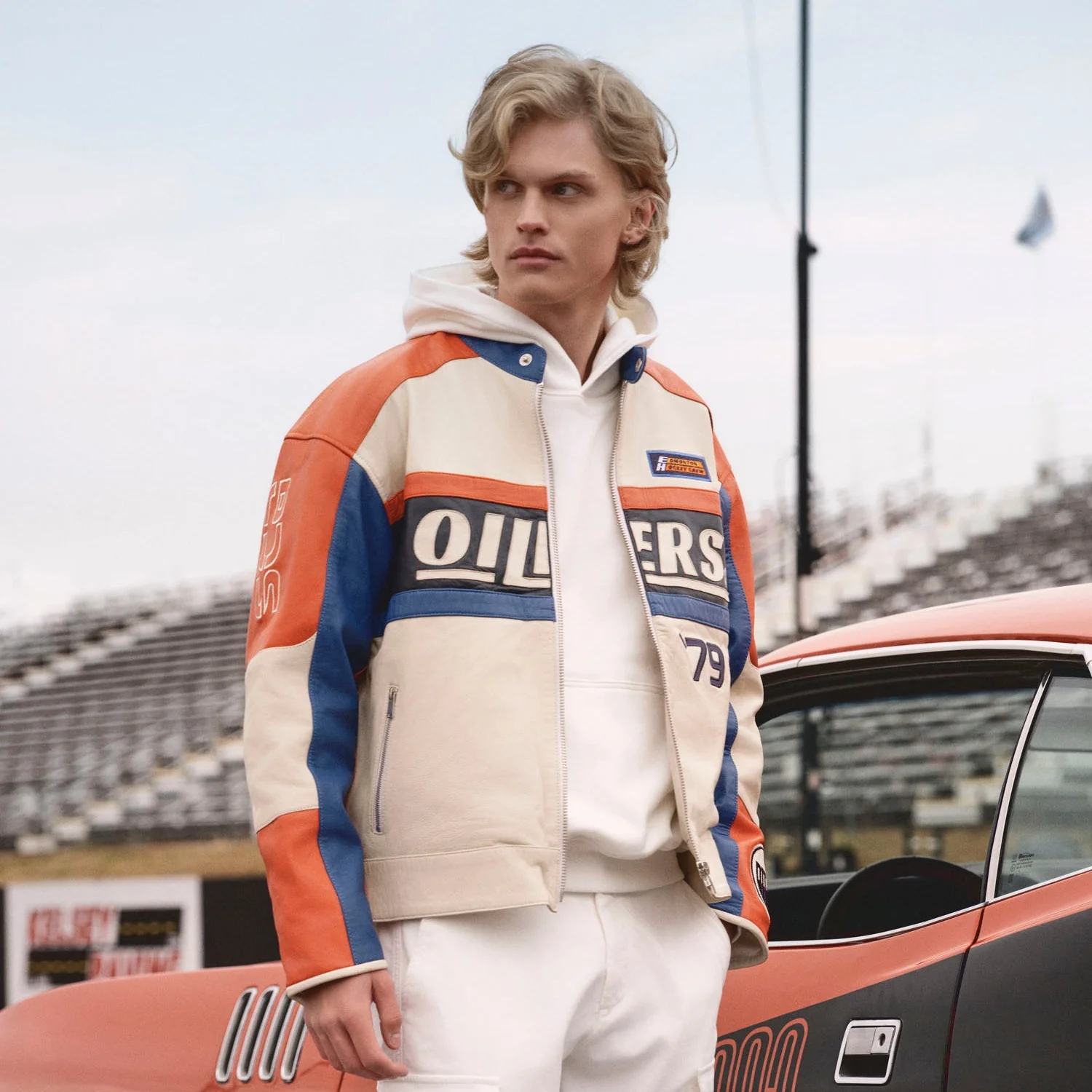 Edmonton Oilers Unisex Sports Club Atelier by Lauren McDavid Cream Leather Racer Jacket - Image 7