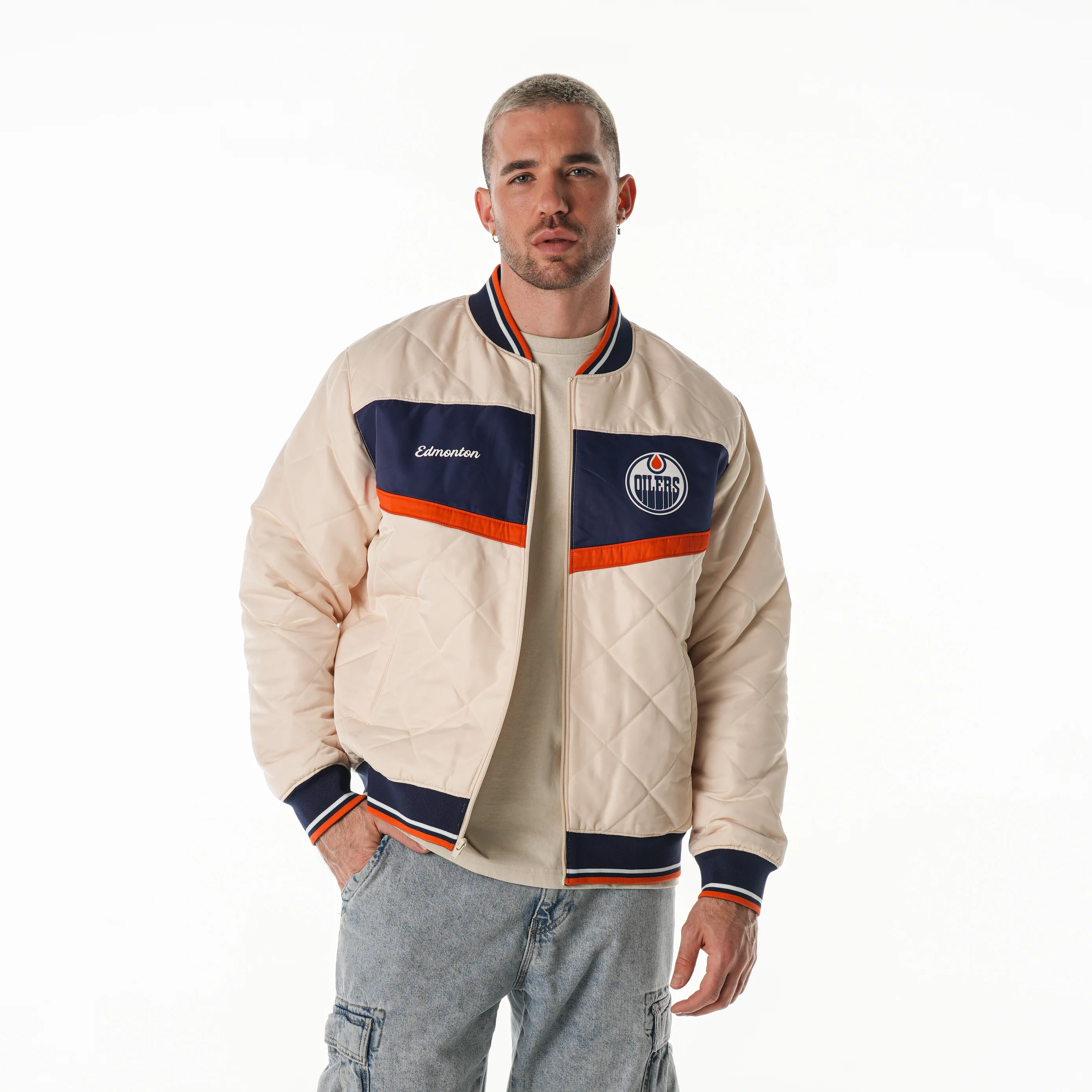 Edmonton Oilers Unisex The Wild Collective Cream Quilted Bomber Jacket - Image 3