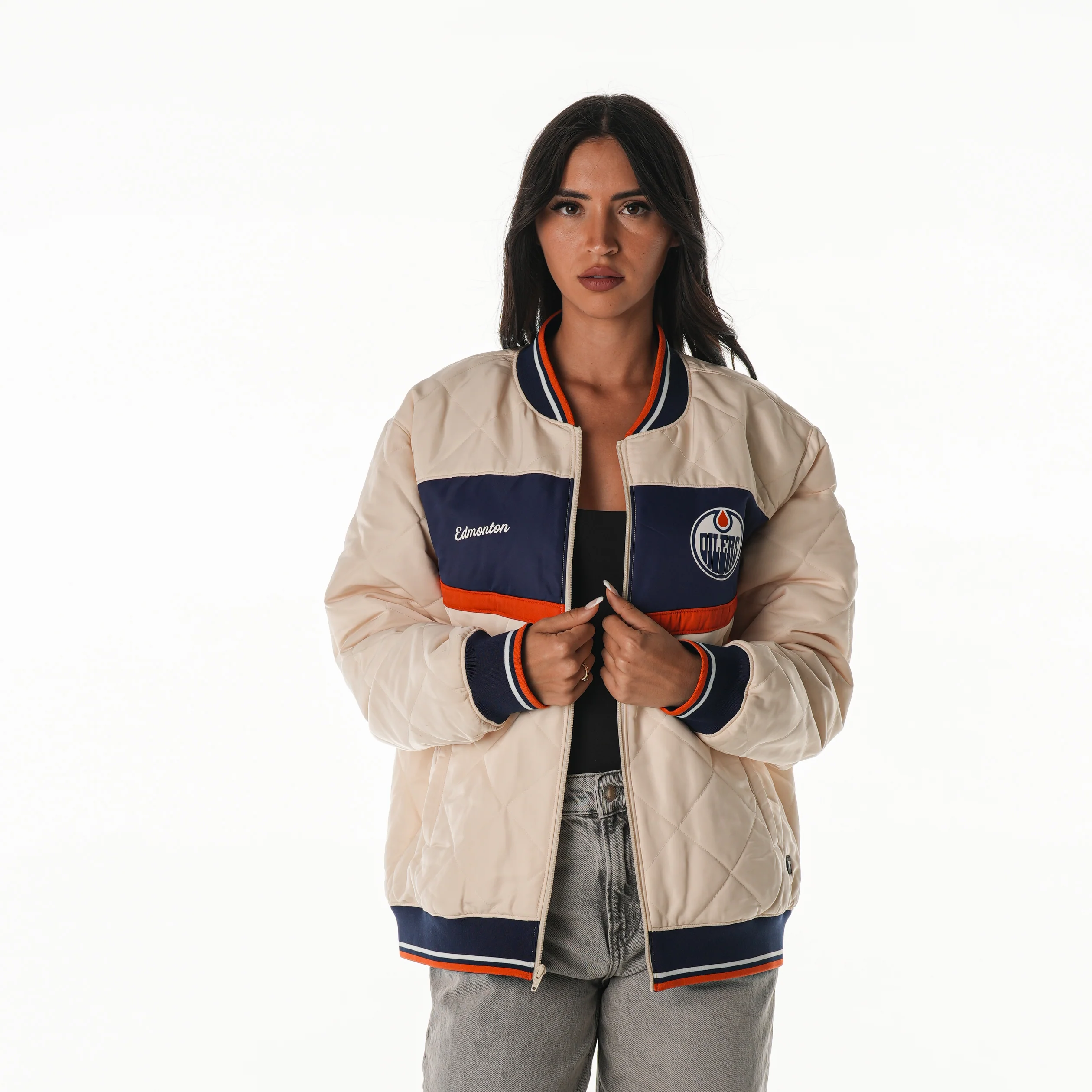 Edmonton Oilers Unisex The Wild Collective Cream Quilted Bomber Jacket - Image 4