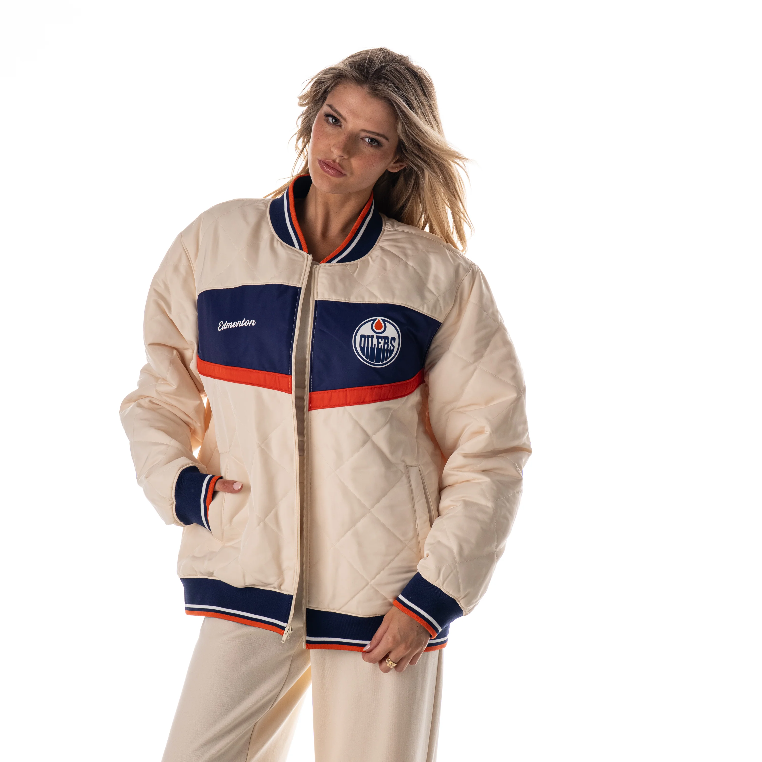 Edmonton Oilers Unisex The Wild Collective Cream Quilted Bomber Jacket - Image 5