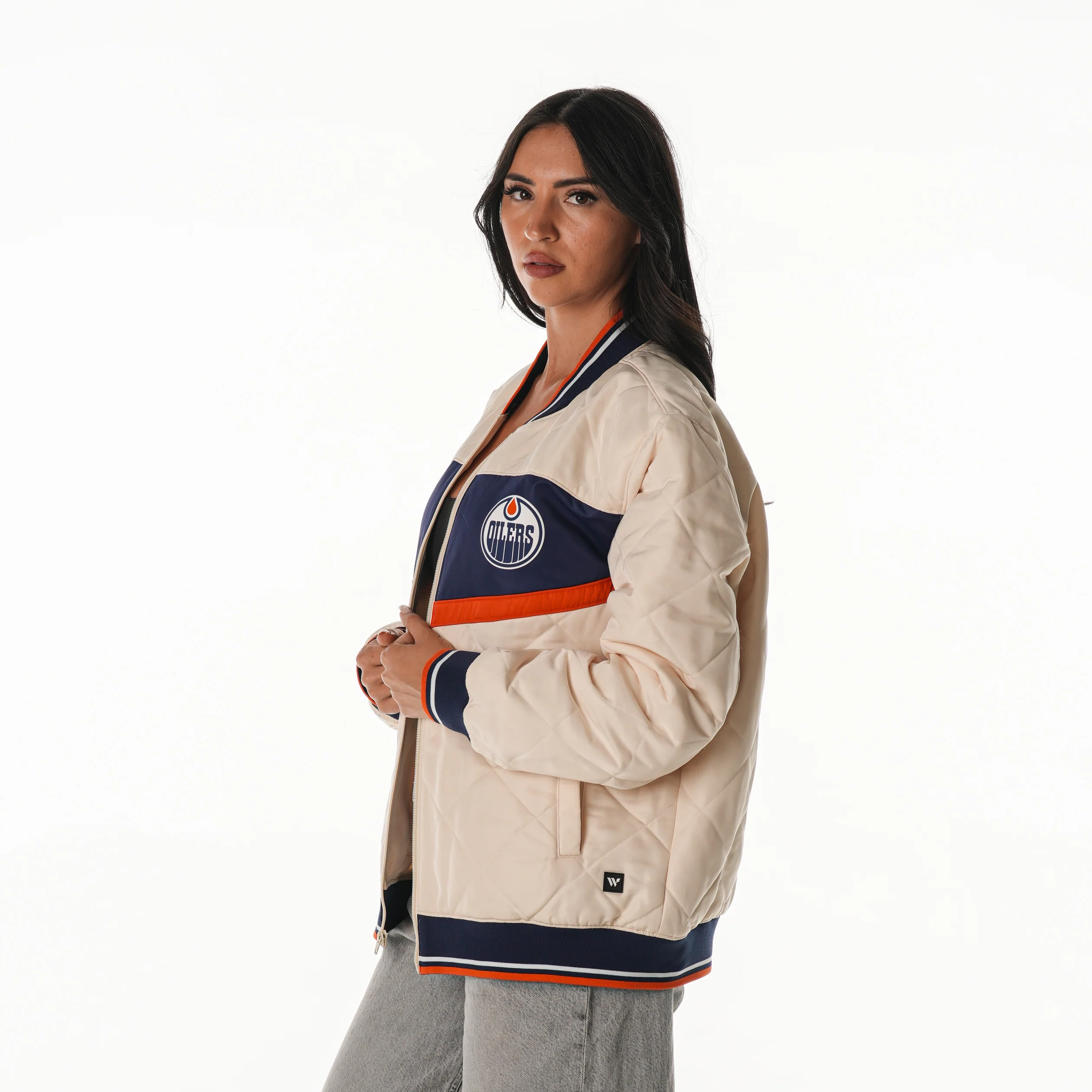 Edmonton Oilers Unisex The Wild Collective Cream Quilted Bomber Jacket - Image 6