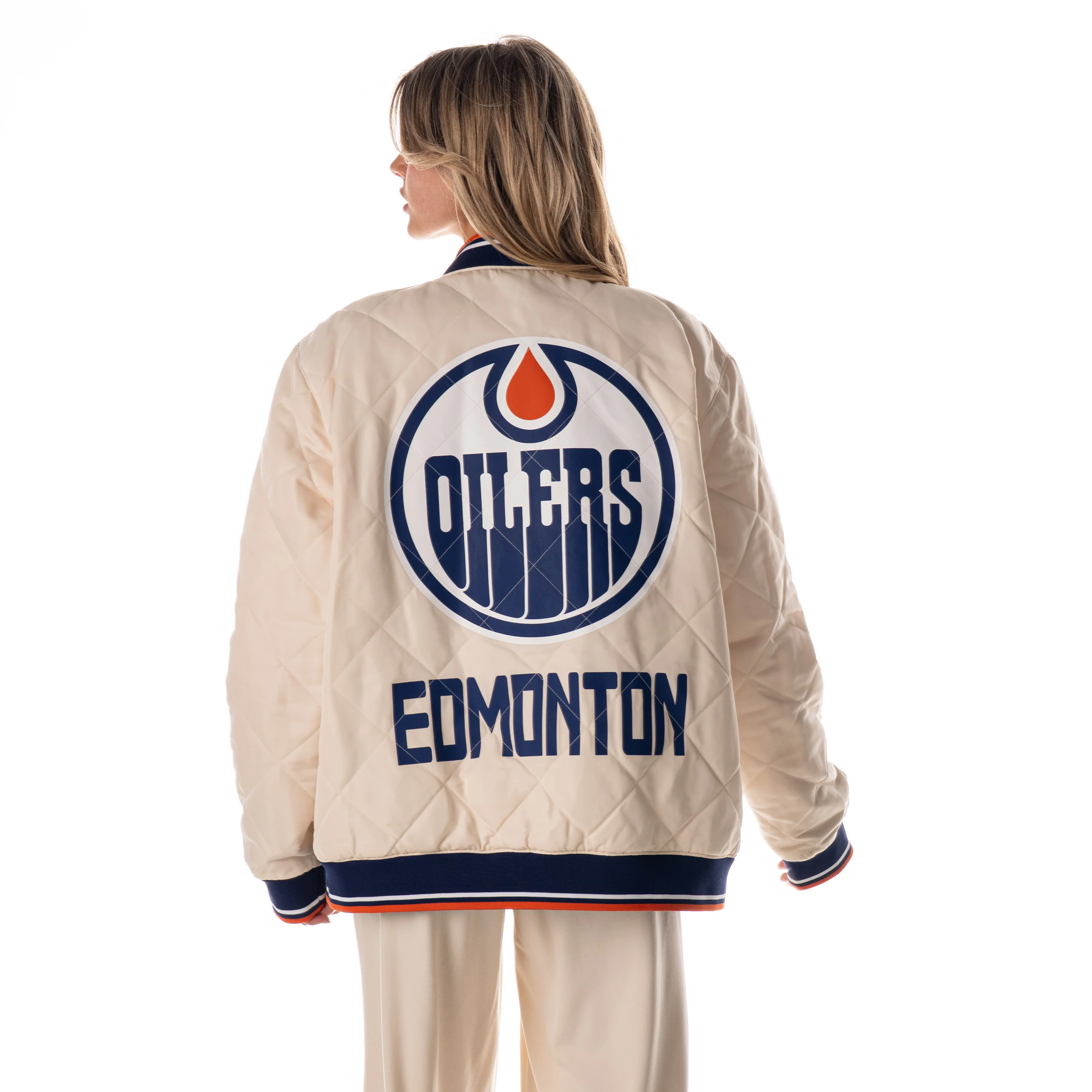 Edmonton Oilers Unisex The Wild Collective Cream Quilted Bomber Jacket - Image 7