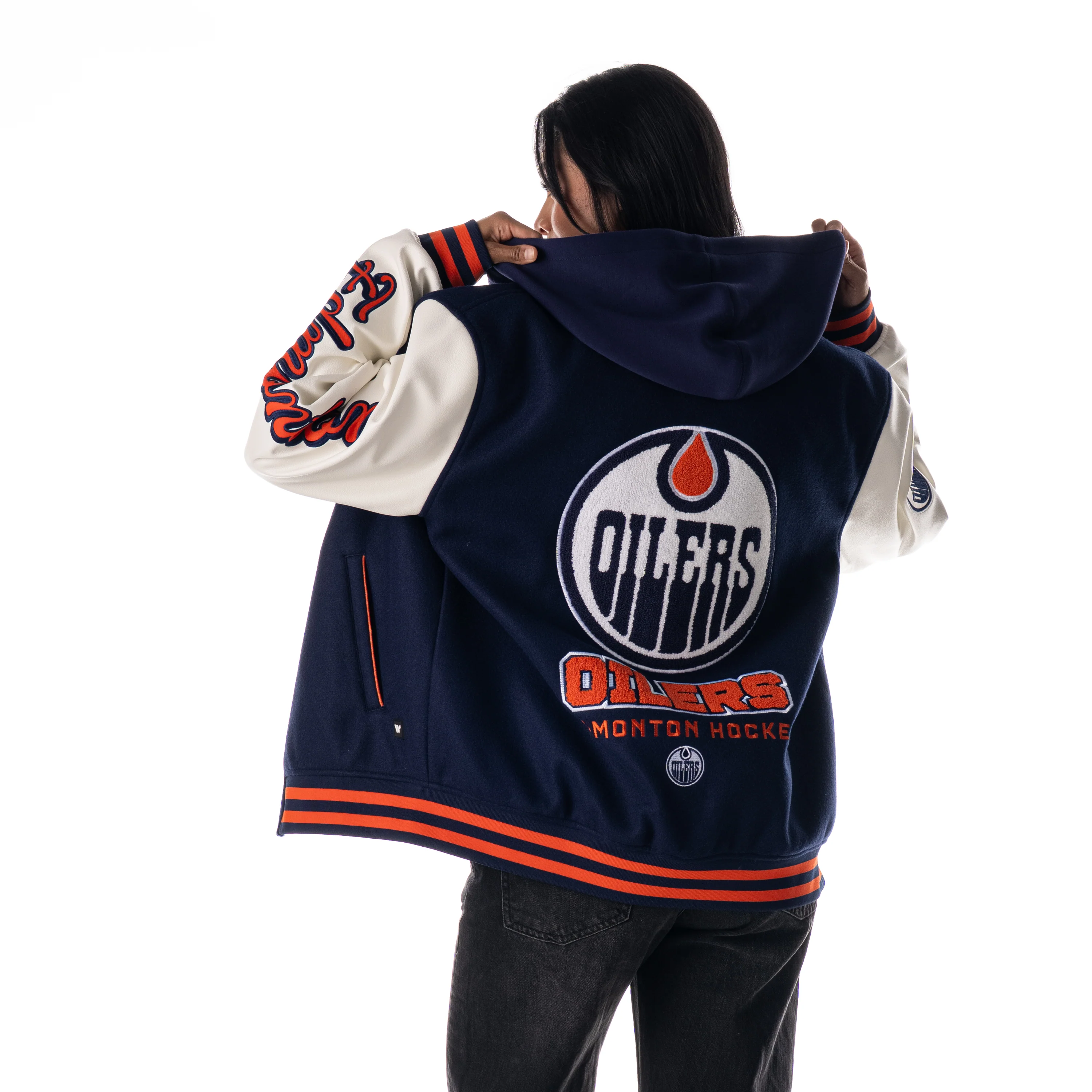 Edmonton Oilers Unisex The Wild Collective Hooded Navy Varsity Coach's Jacket - Image 2