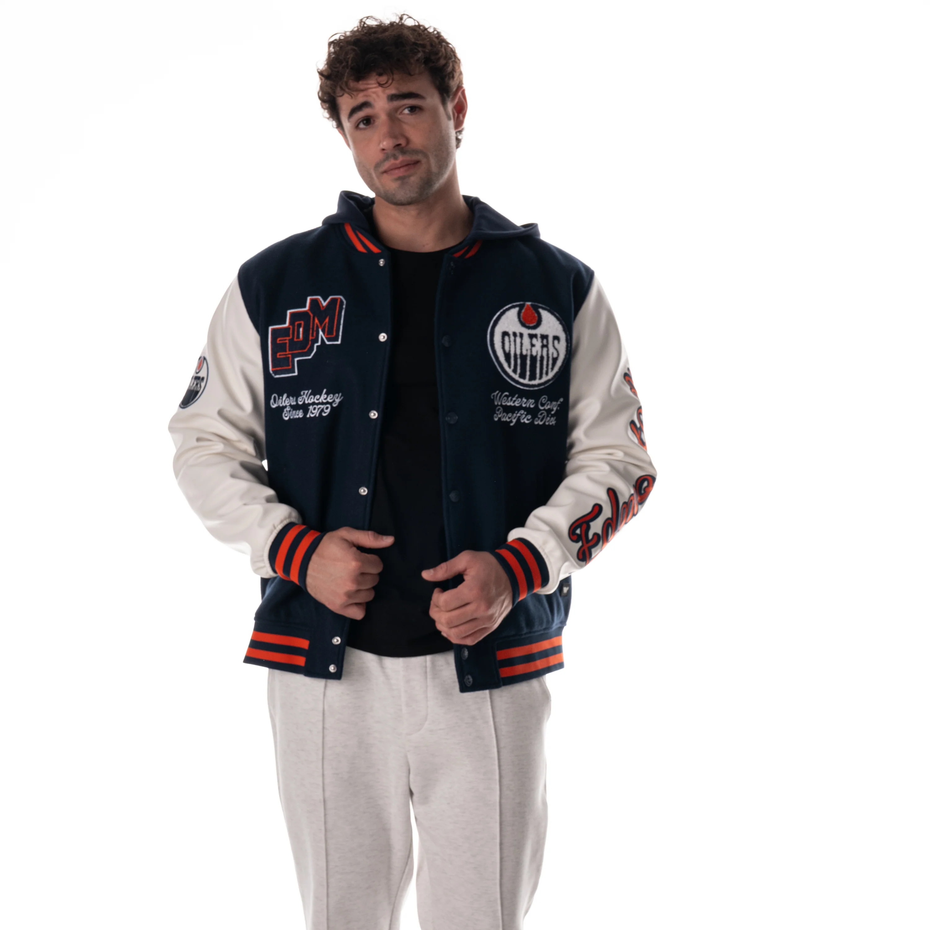 Edmonton Oilers Unisex The Wild Collective Hooded Navy Varsity Coach's Jacket - Image 3