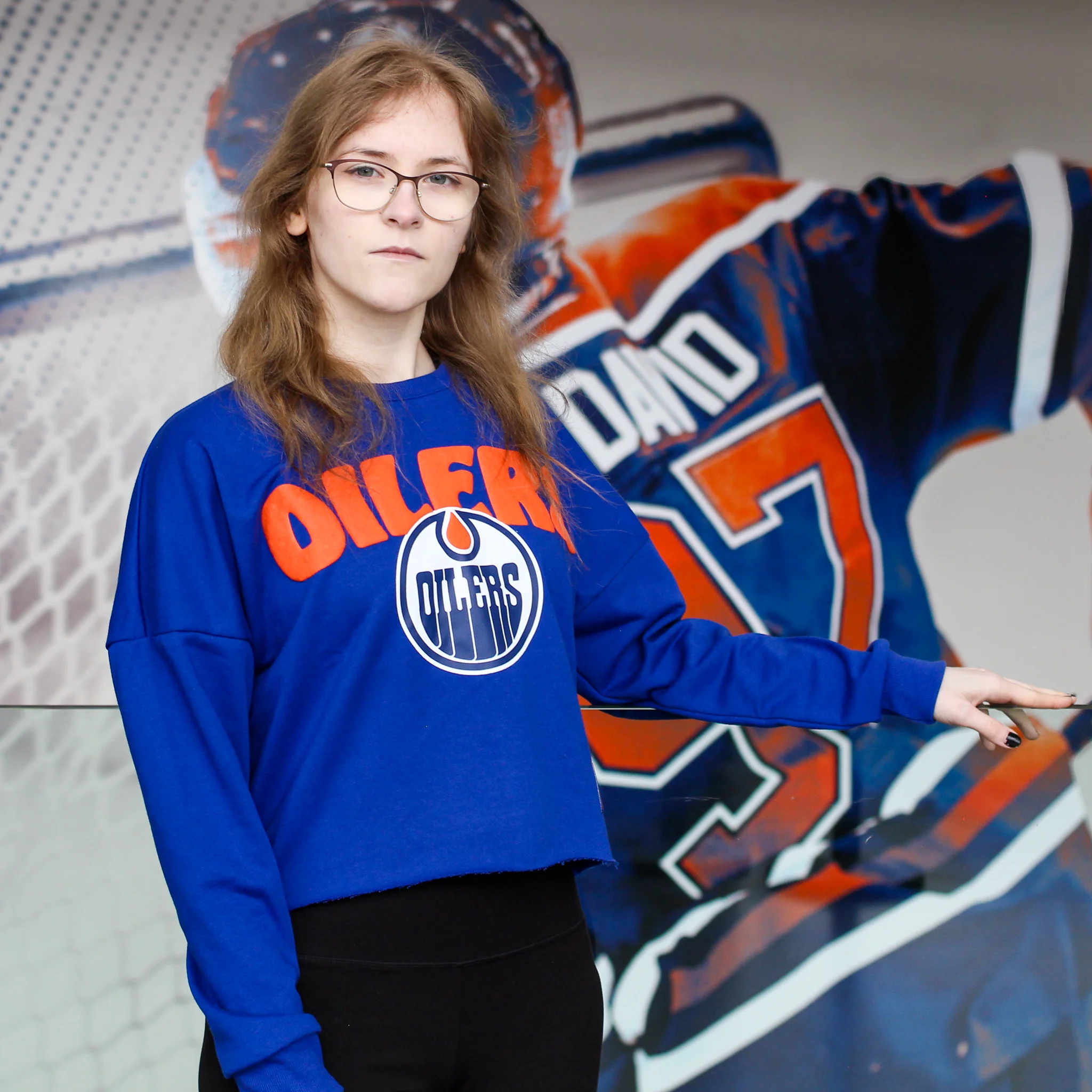 Edmonton Oilers Women's Authentics Blue Home Logo Puff Print Boxy Cropped Crewneck Sweatshirt