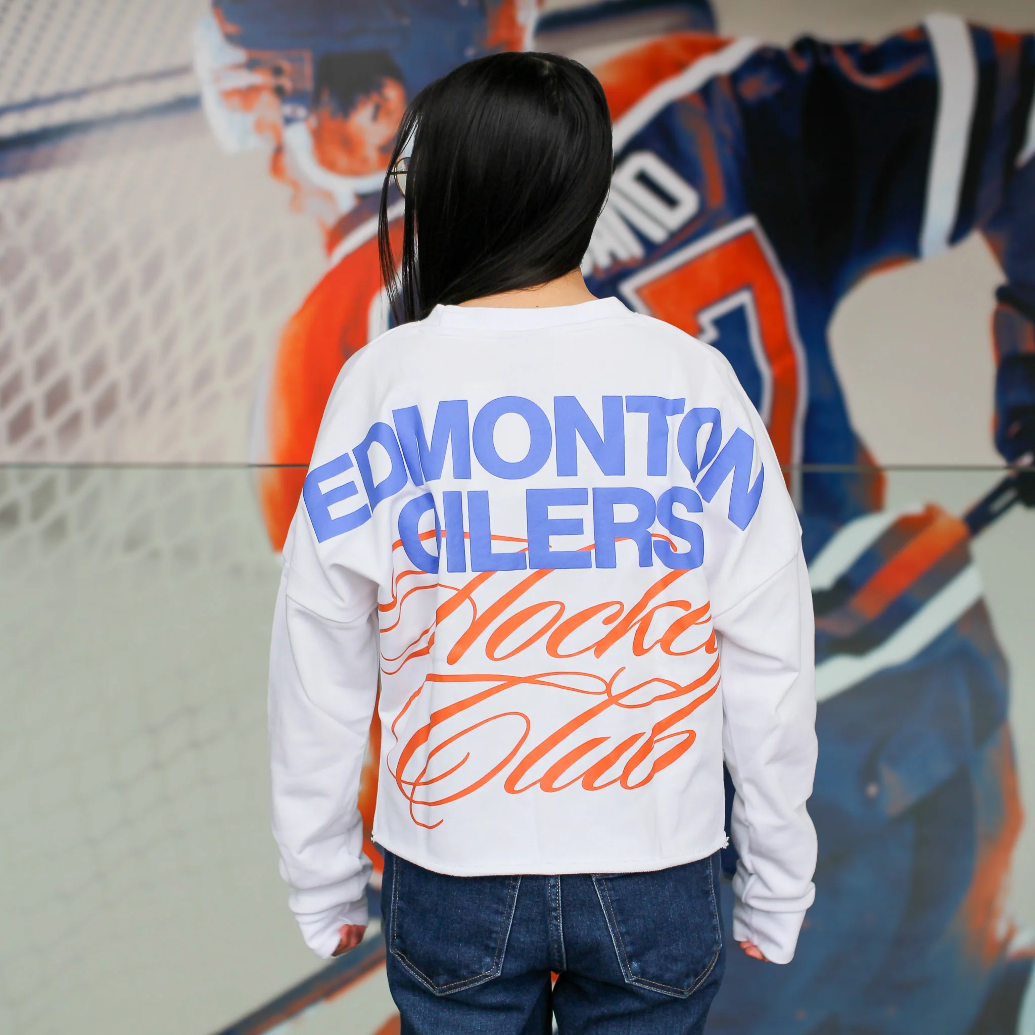 Edmonton Oilers Women's Authentics White Home Logo Puff Print Boxy Cropped Crewneck Sweatshirt - Image 2