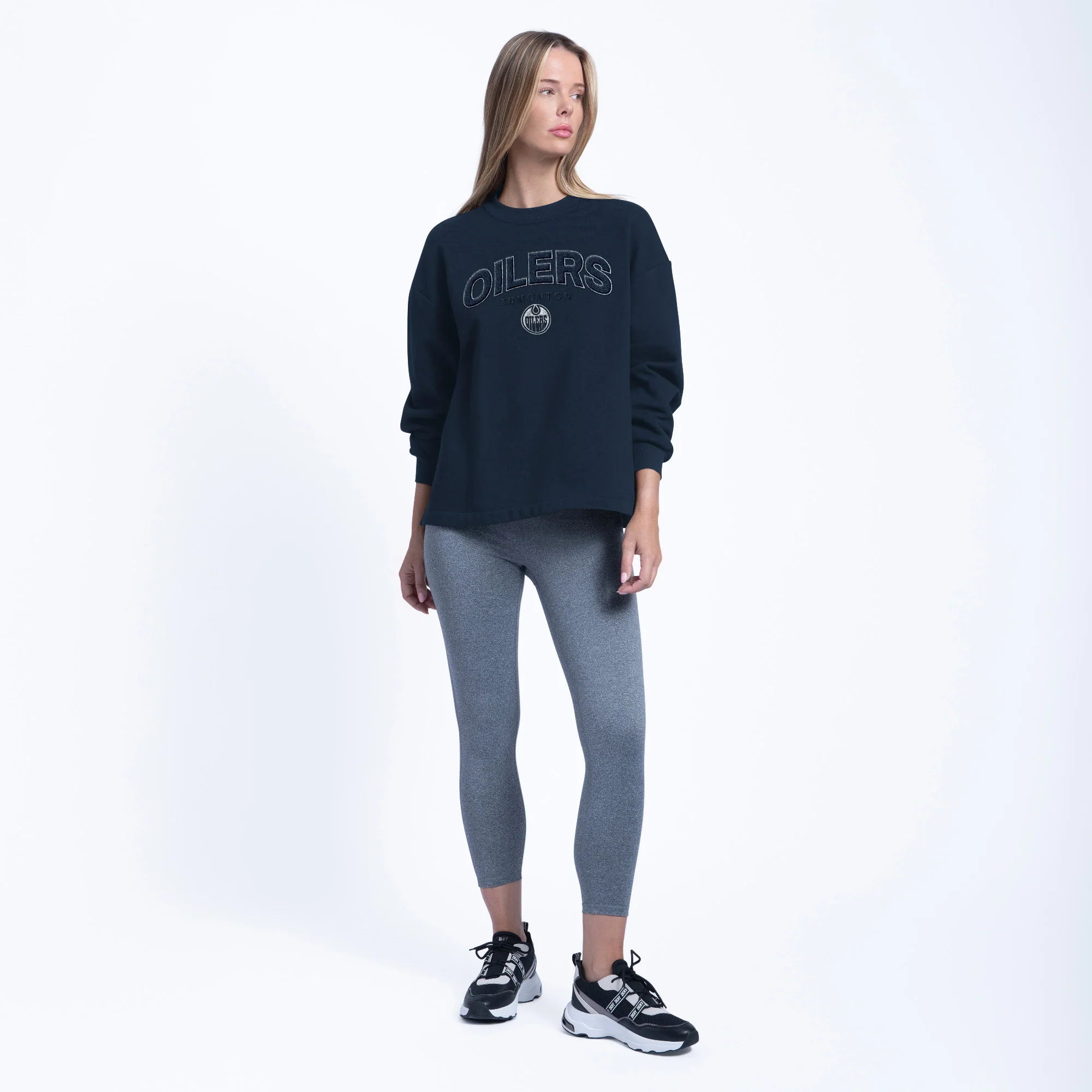 Edmonton Oilers Women's DKNY Oversized Cropped Logan Navy Crewneck Sweatshirt