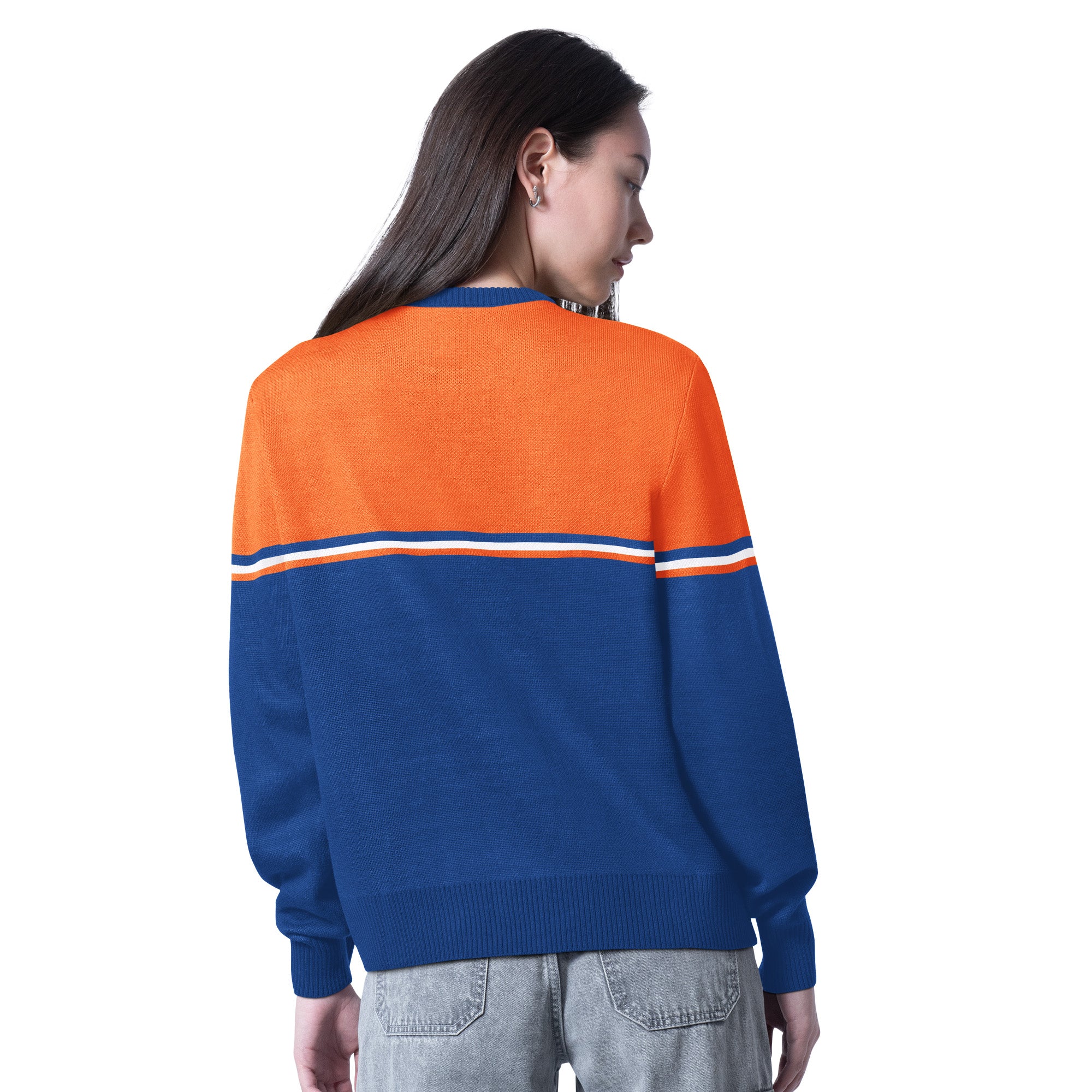 Edmonton Oilers Women's G-III Blue & Orange Football Season Crewneck Sweatshirt - Image 2