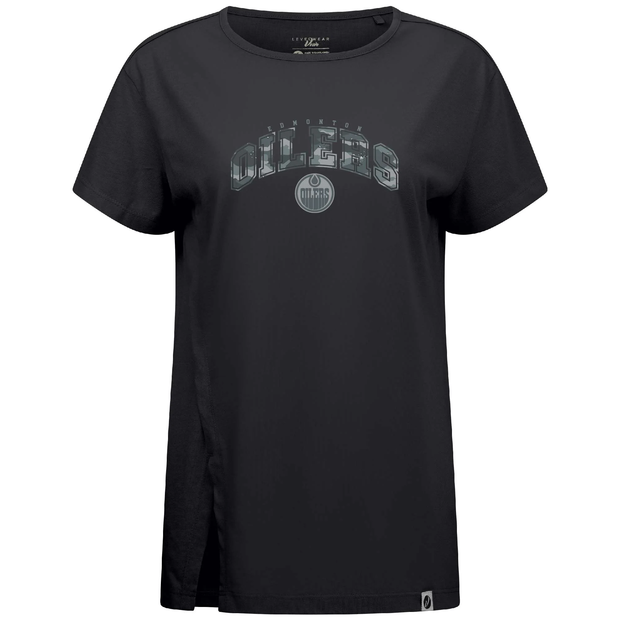 Edmonton Oilers Women's Levelwear Winter Camo Black Influx T-Shirt