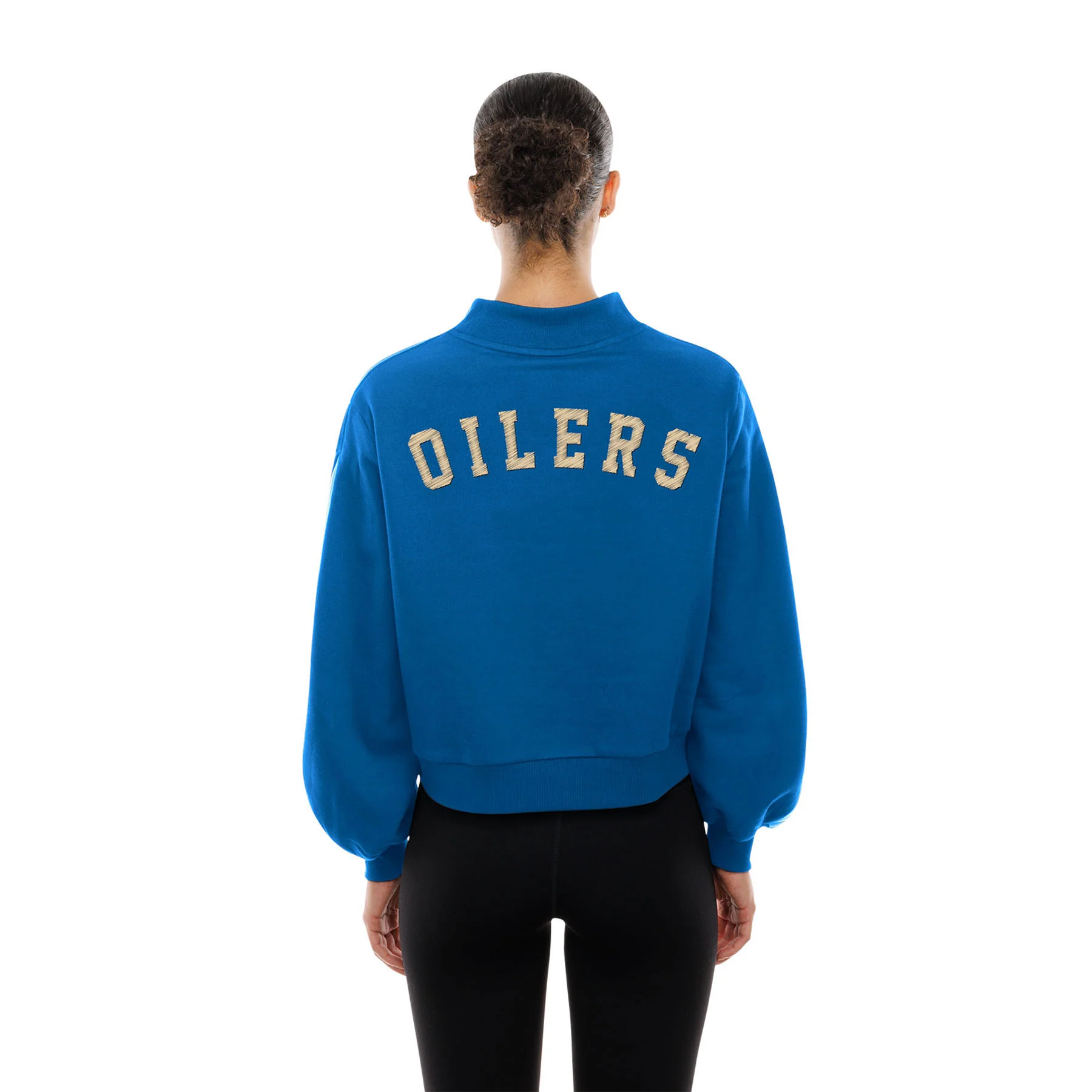 Edmonton Oilers Women's New Era Alternate Logo Cropped Blue Mock Neck Fleece Sweatshirt - Image 2