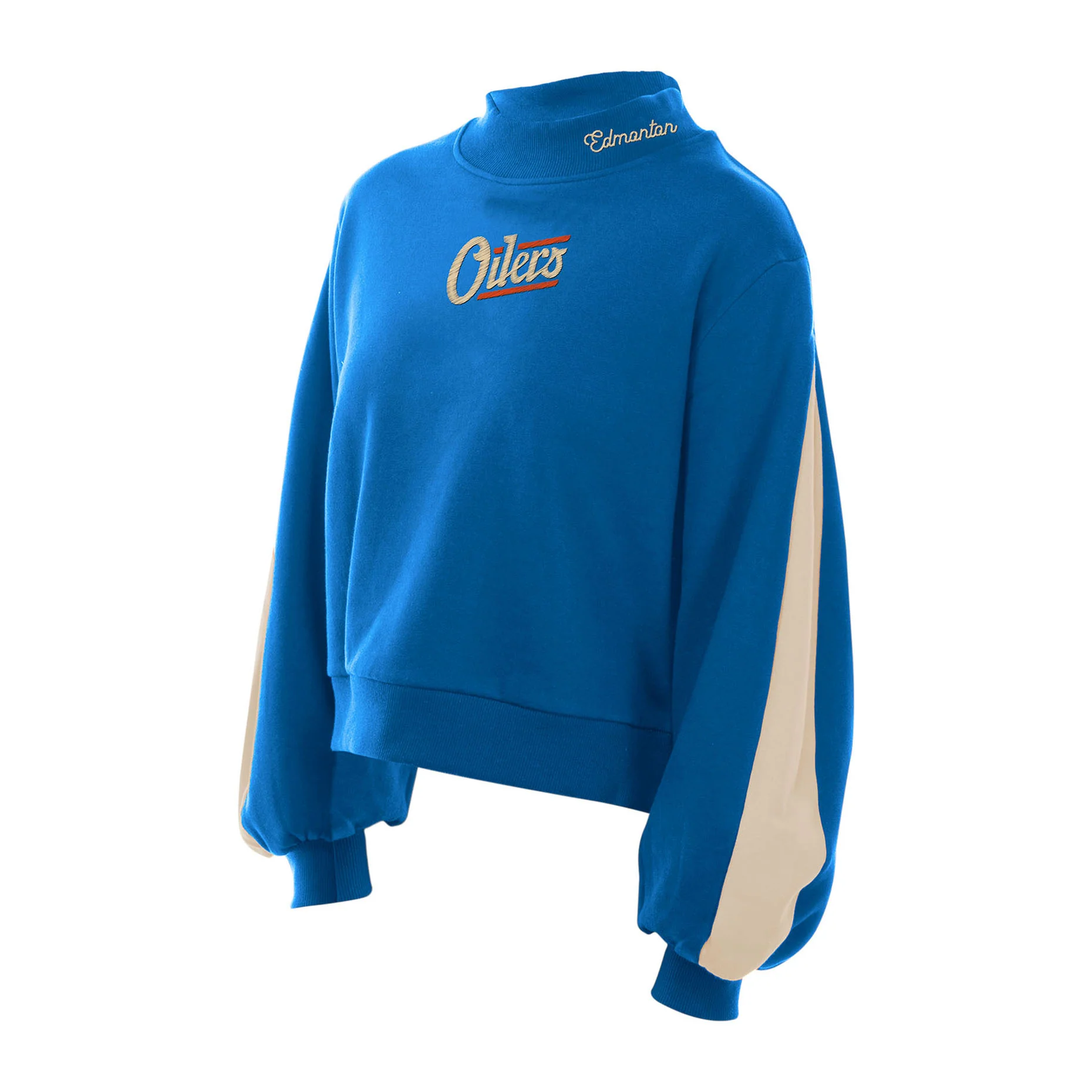 Edmonton Oilers Women's New Era Alternate Logo Cropped Blue Mock Neck Fleece Sweatshirt - Image 4