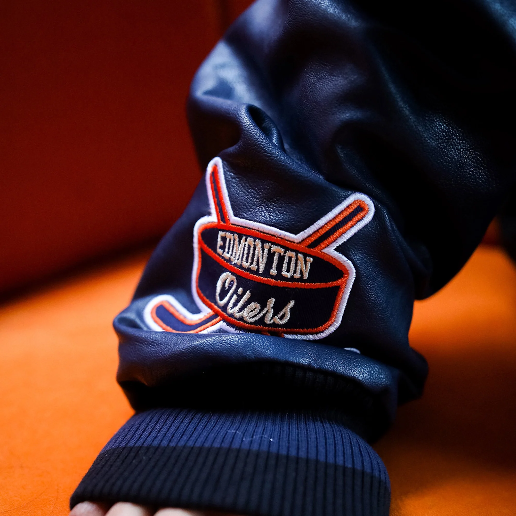 Edmonton Oilers Women's Peace Collective Black & Blue Cropped Varsity Jacket - Image 5
