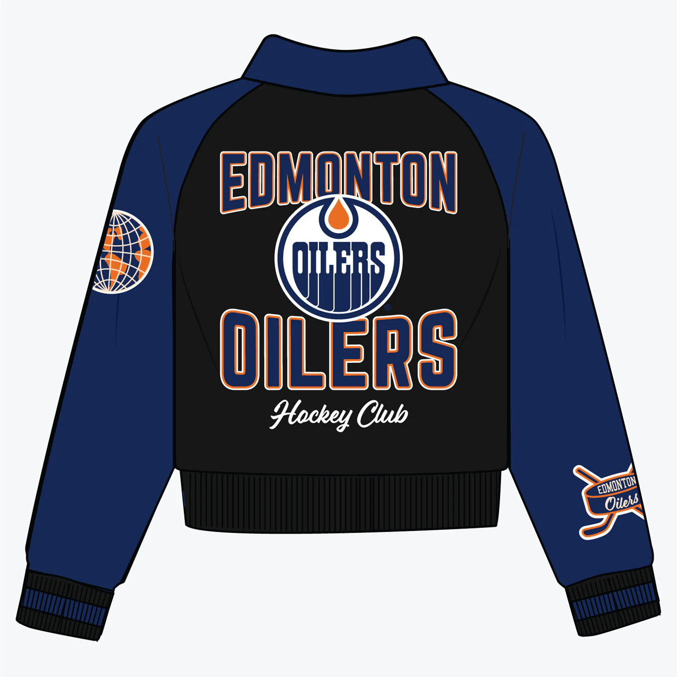 Edmonton Oilers Women's Peace Collective Black & Blue Cropped Varsity Jacket - Image 7