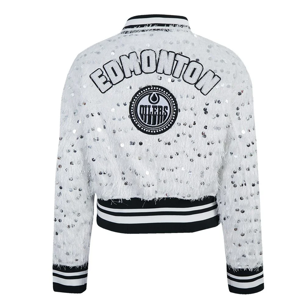 Edmonton Oilers Women's Pro Standard White Fringe Sequin Cropped Jacket - Image 2