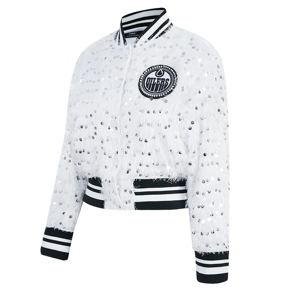 Edmonton Oilers Women's Pro Standard White Fringe Sequin Cropped Jacket - Image 3