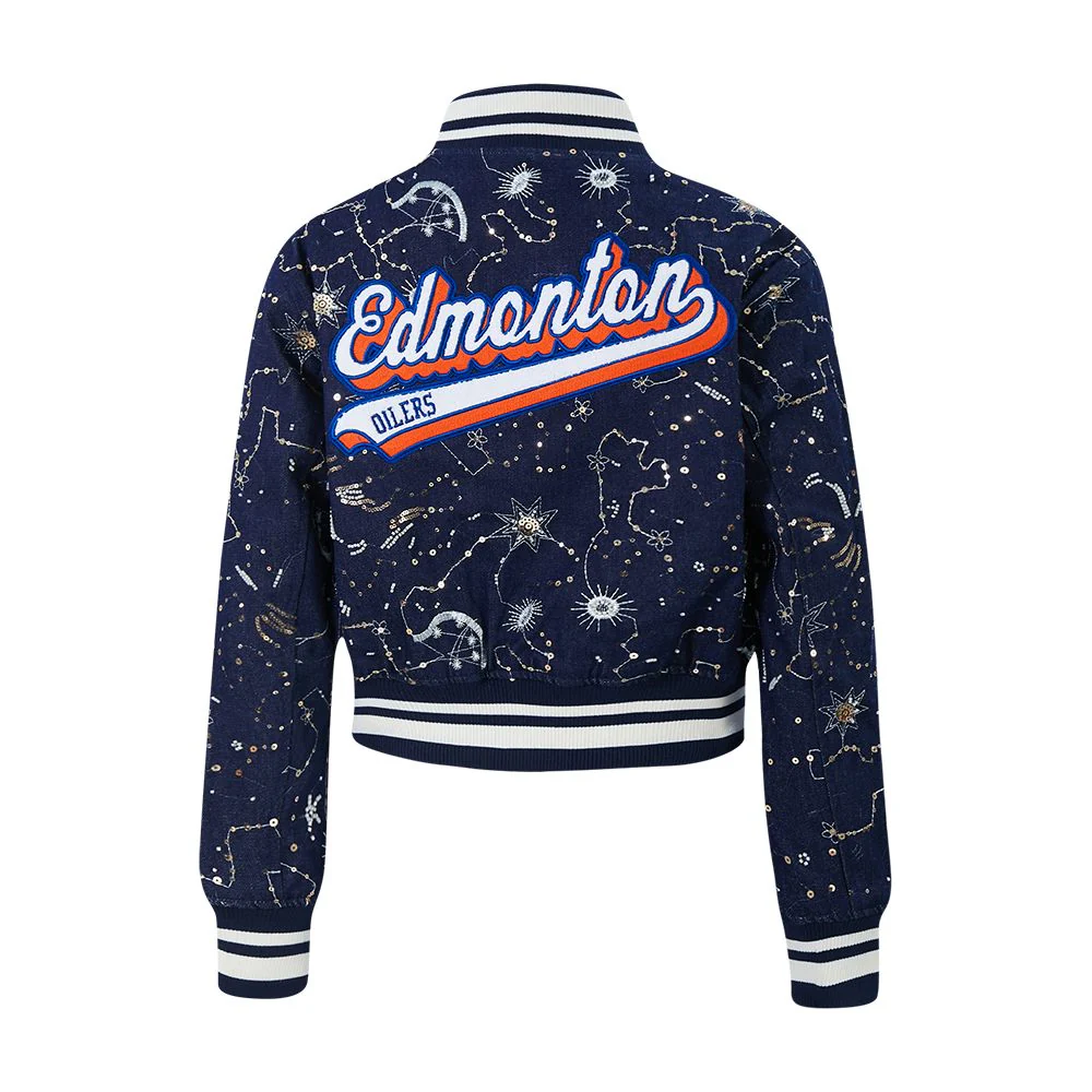 Edmonton Oilers Women's Pro Standard Zodiac Denim Cropped Jacket - Image 2