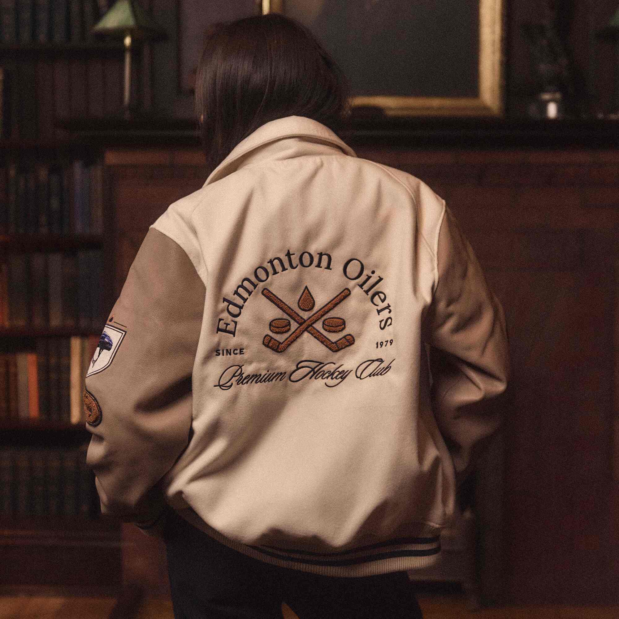 Edmonton Oilers Unisex Sports Club Atelier by Lauren McDavid Beige & Brown Legacy Varsity Jacket - Image 3