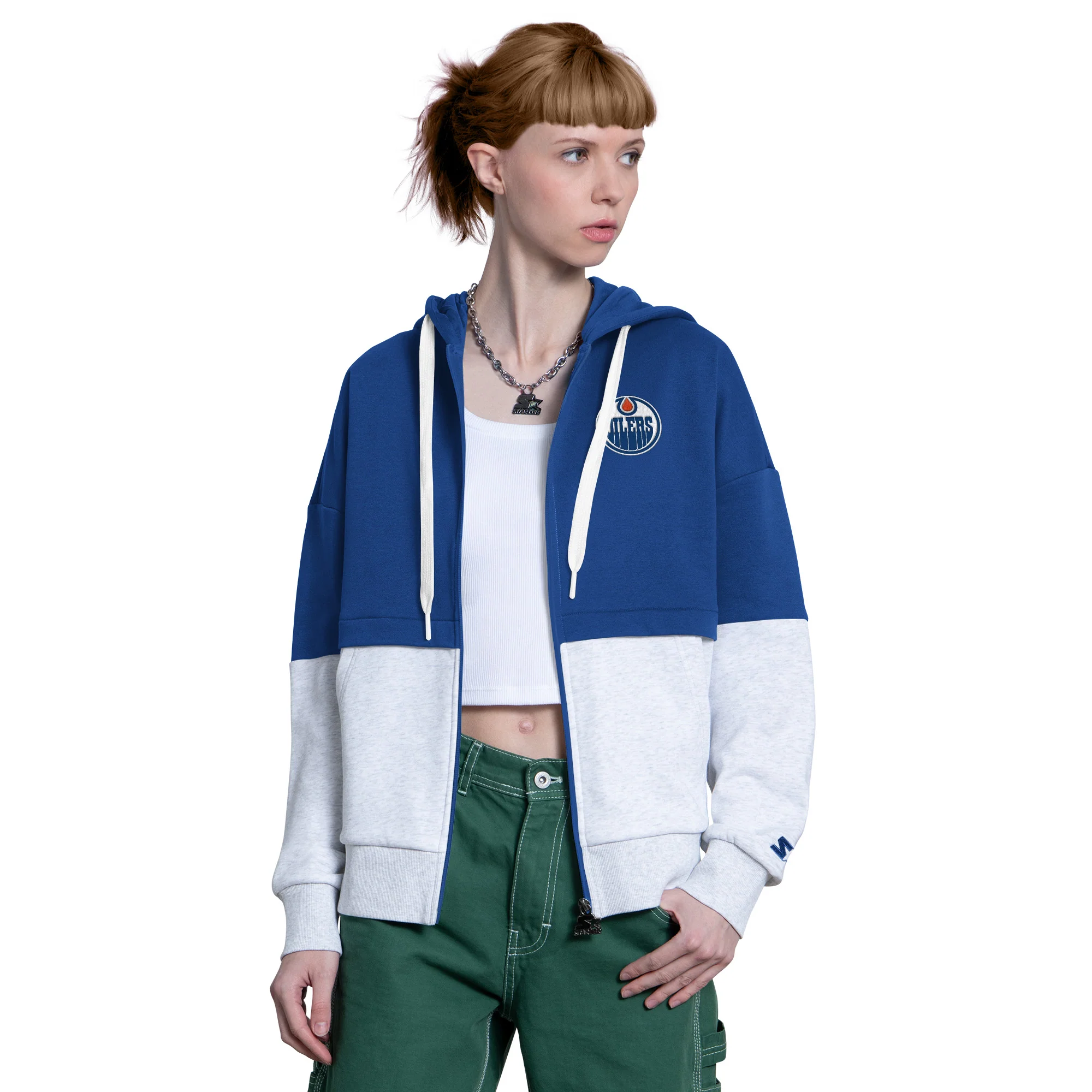 Edmonton Oilers Women's Starter Blue & Grey Wishbone Full-Zip Hoodie