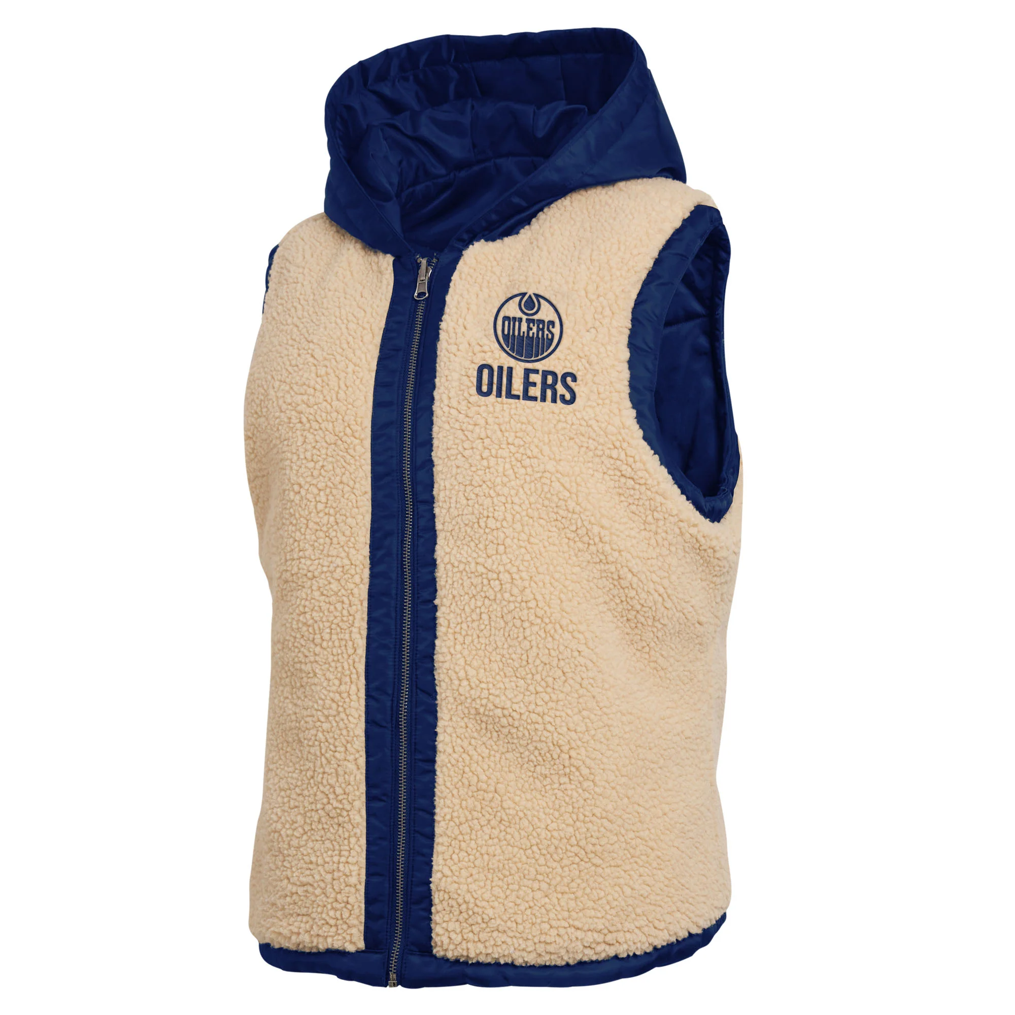 Edmonton Oilers Women's WEAR by Erin Andrews Blue Reversible Sherpa Hoodie Vest - Image 3