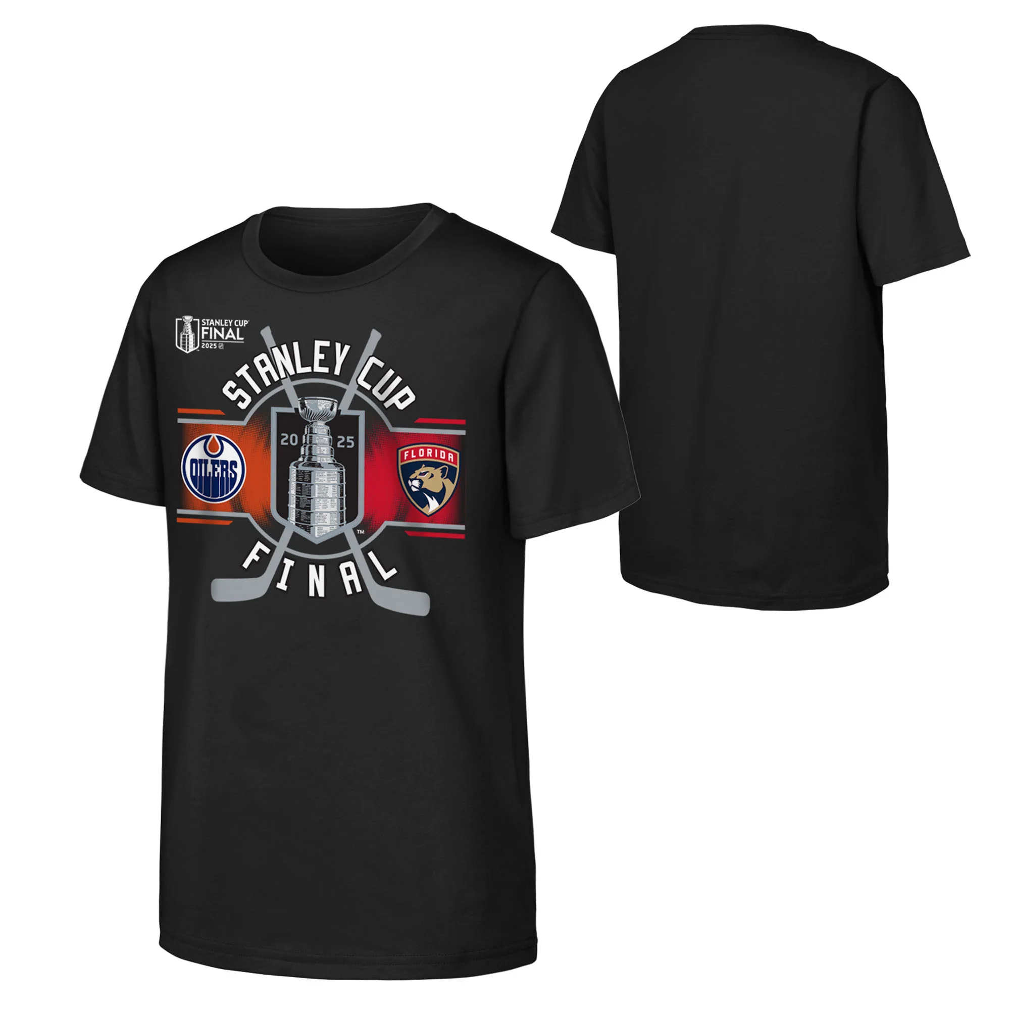 Edmonton Oilers Youth 2025 Stanley Cup Playoffs Stanley Cup Final Match Up T-Shirt - Image 3