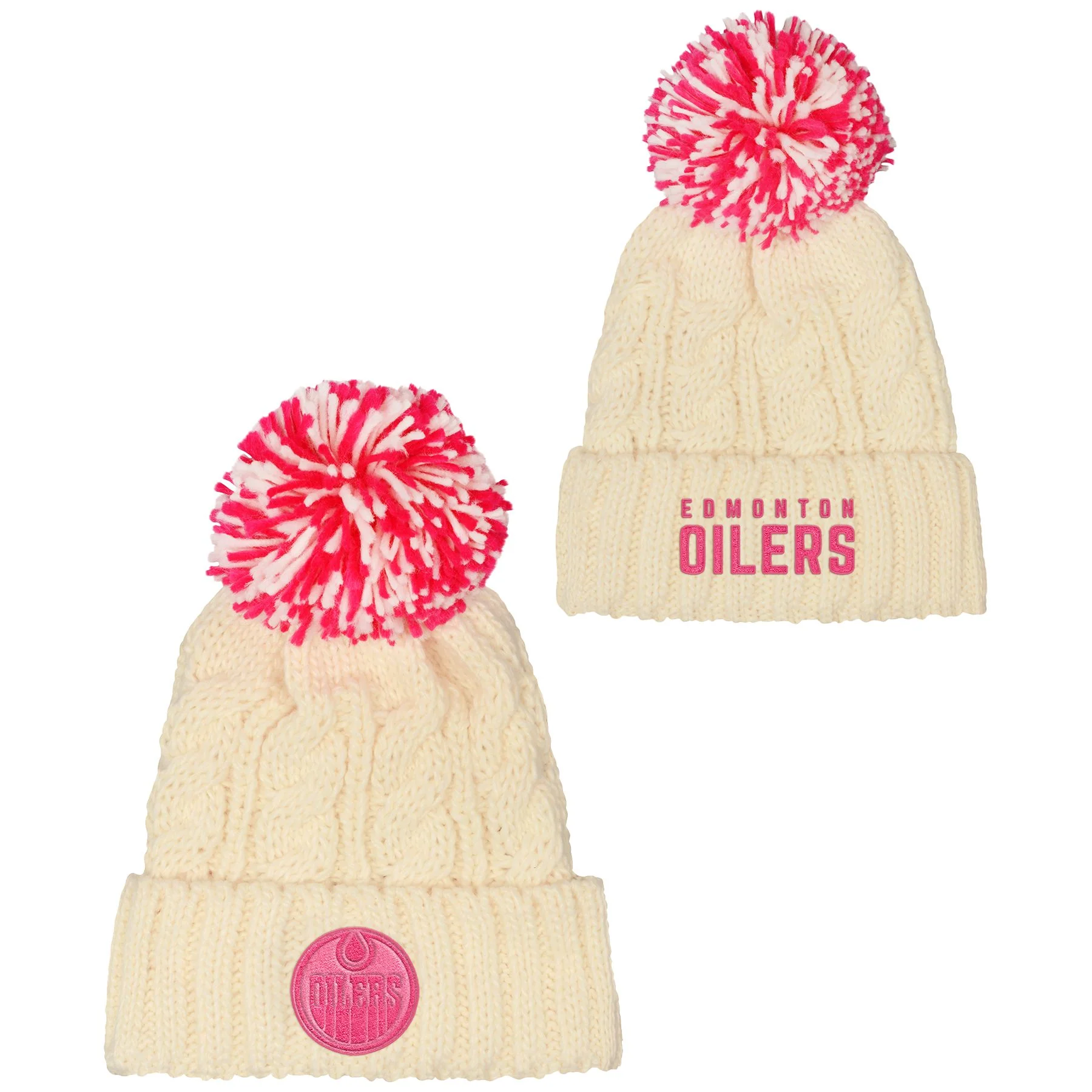 Edmonton Oilers Youth Girls Outerstuff Cream Cable Knit Toque W/Pom - Image 3