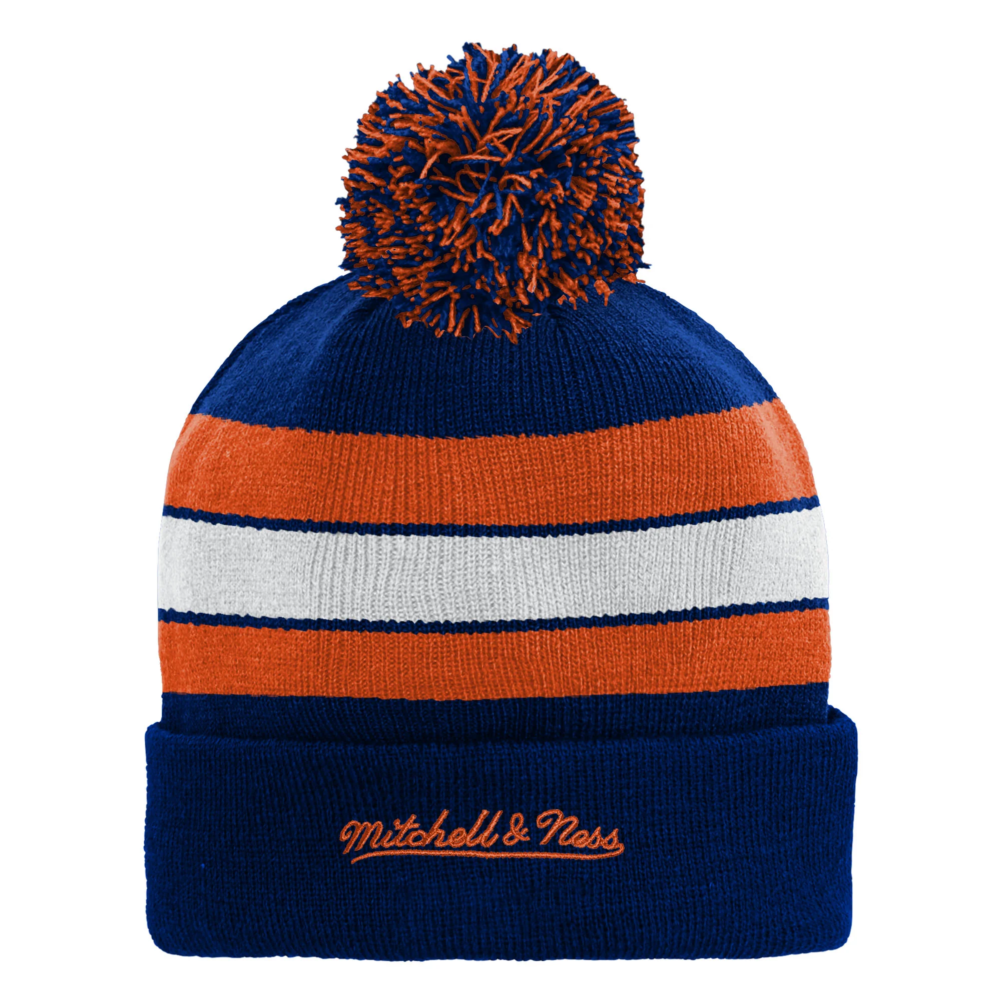 Edmonton Oilers Youth Mitchell & Ness Blue Stripe Beanie Toque w/ Pom - Image 2