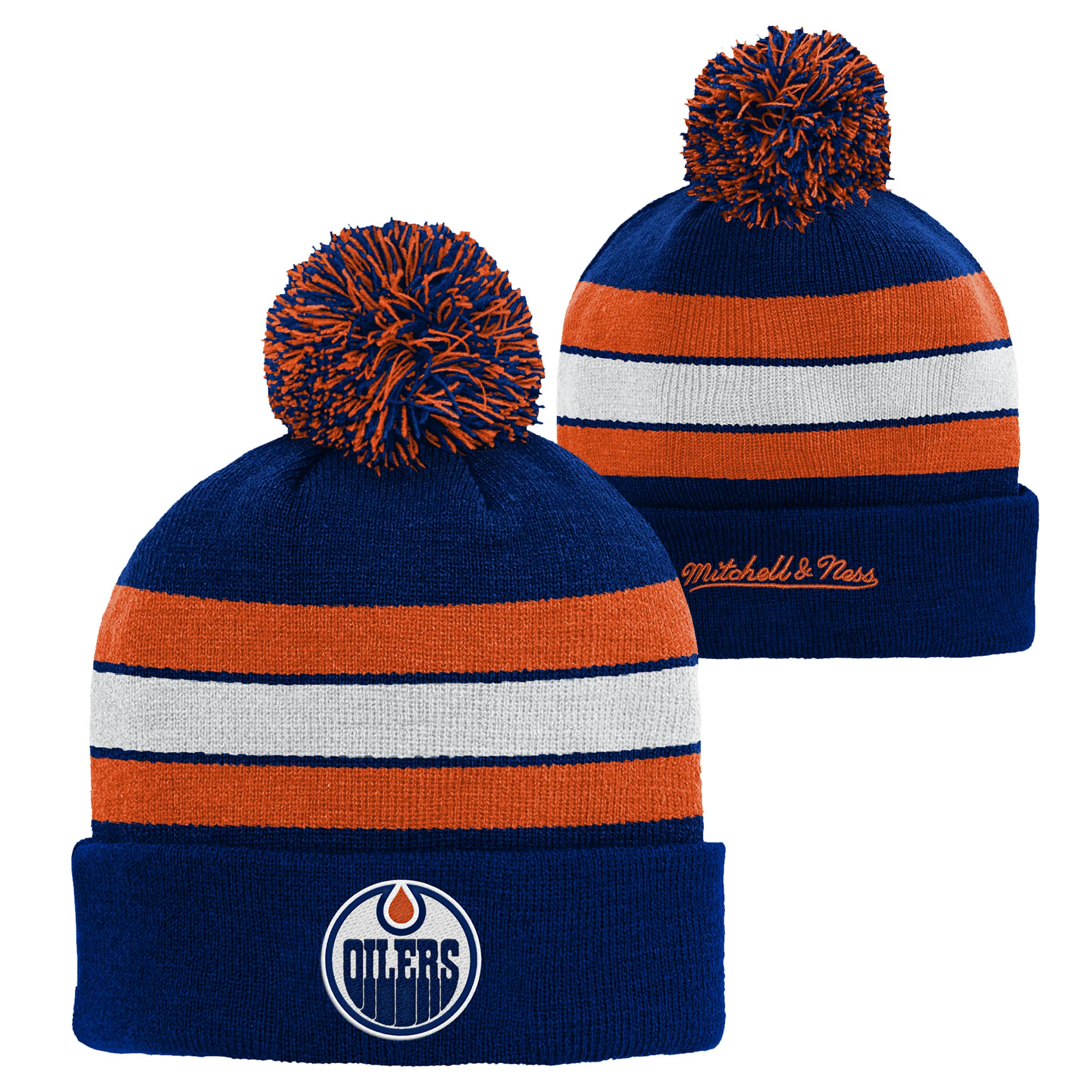 Edmonton Oilers Youth Mitchell & Ness Blue Stripe Beanie Toque w/ Pom - Image 3