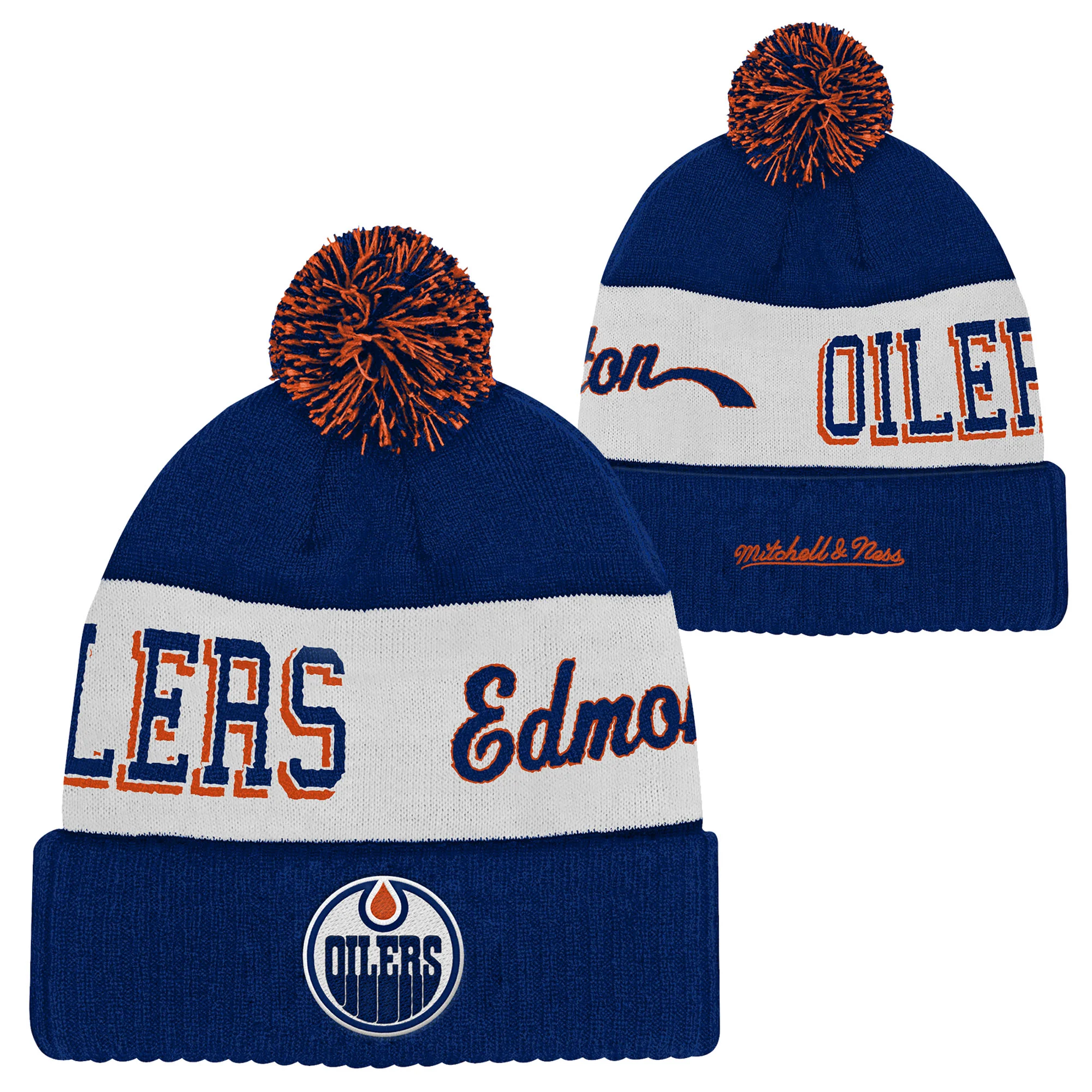 Edmonton Oilers Youth Mitchell & Ness Blue Sweep Cuffed Toque w/ Pom - Image 3