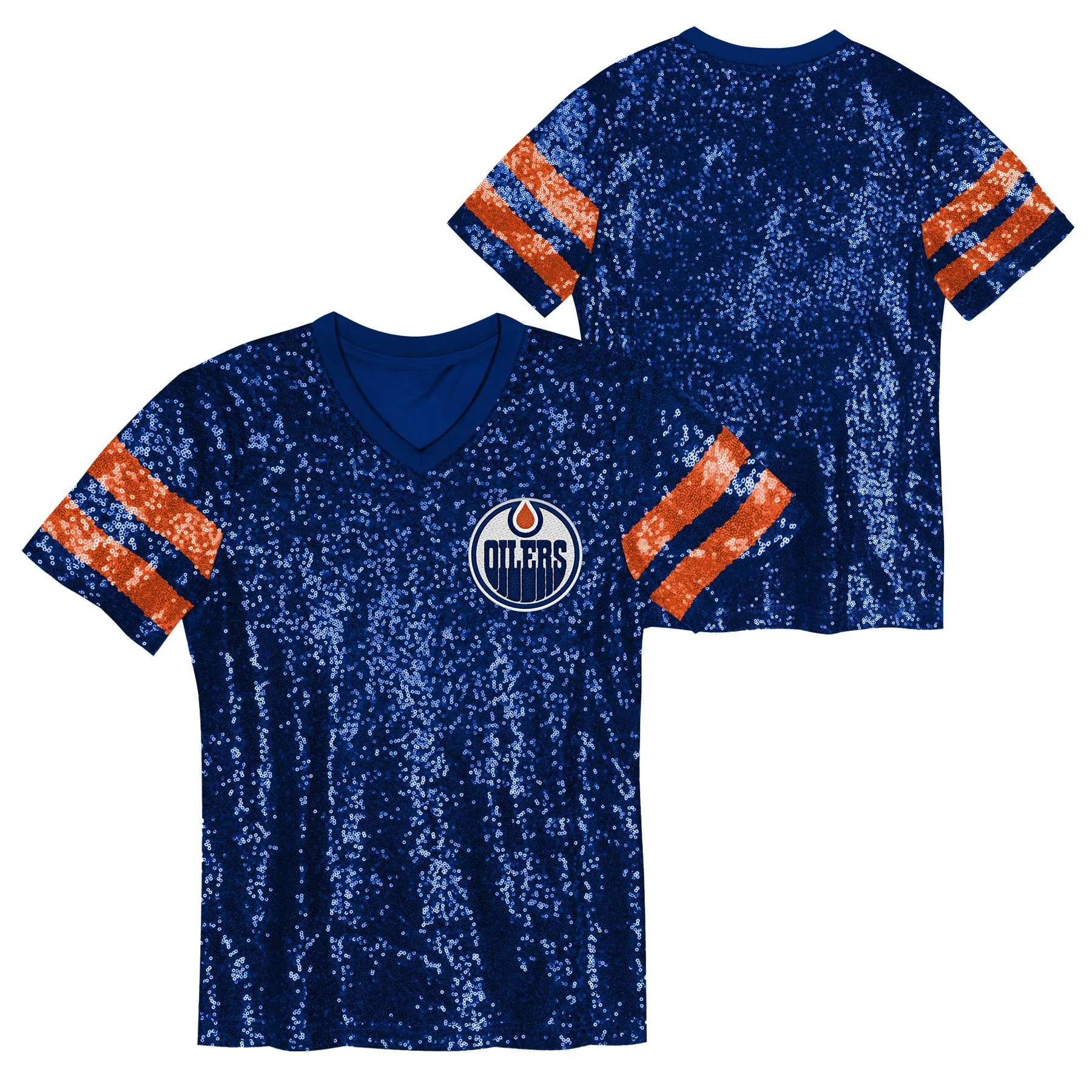 Edmonton Oilers Youth Outerstuff Glam Sequin Blue V-Neck T-Shirt - Image 3