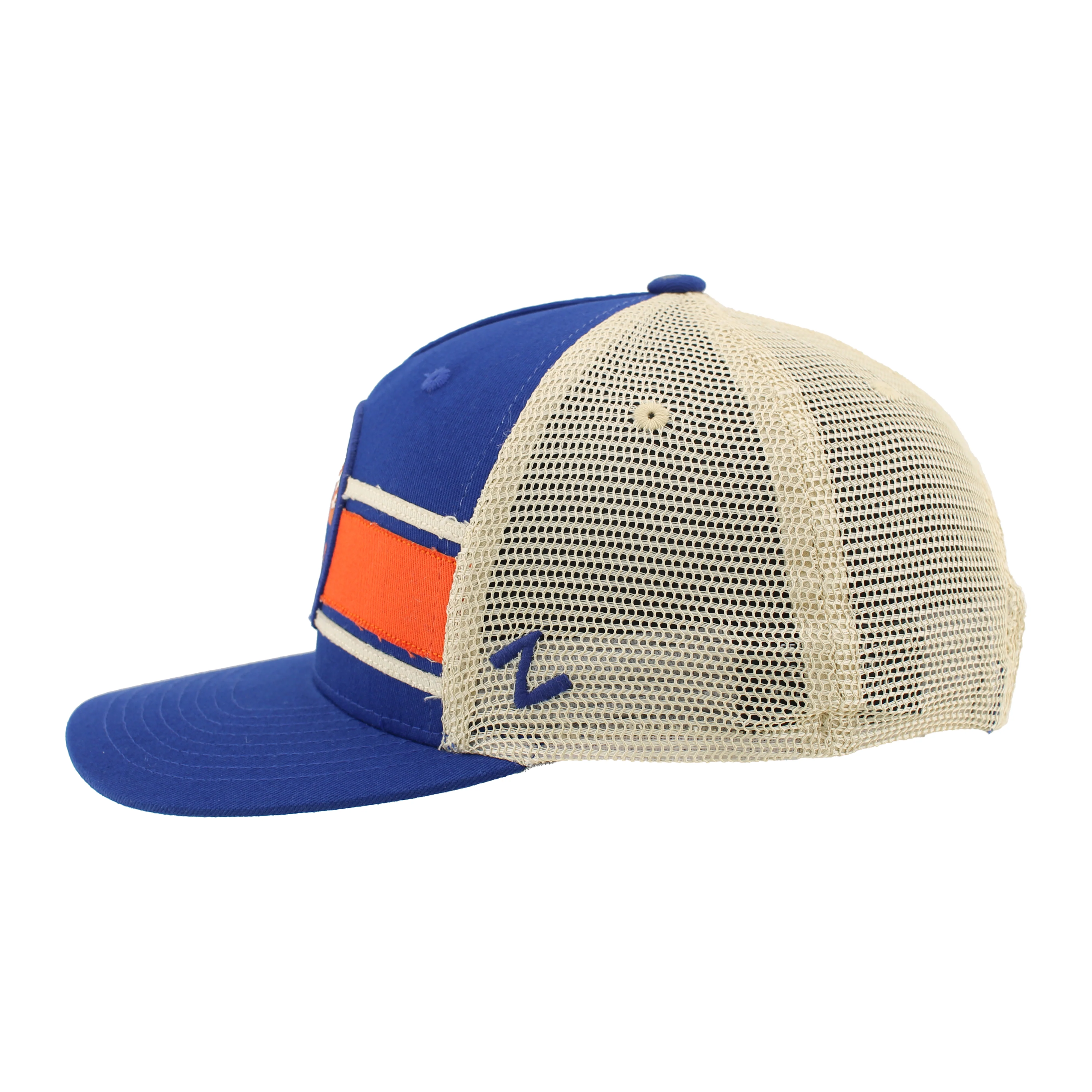 Edmonton Oilers Zephyr Blue & Cream Secondary Logo Striped Empire Mesh Snapback Hat - Image 6