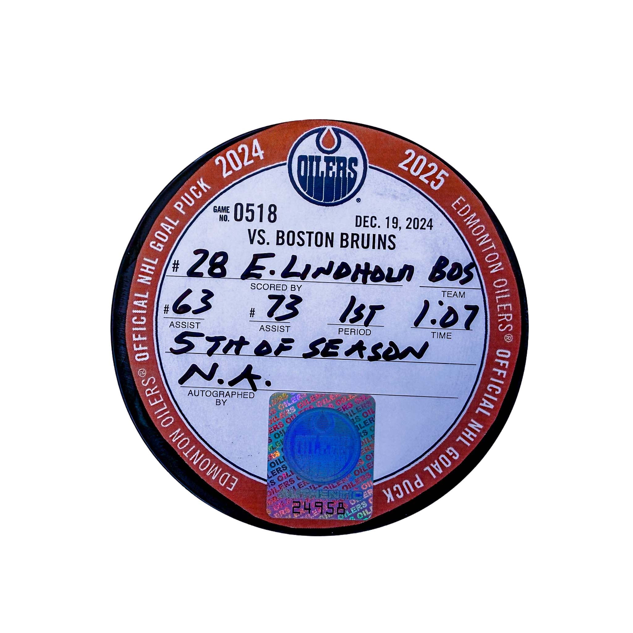 Elias Lindholm Boston Bruins Goal Puck - Dec. 19/2024 vs Edmonton Oilers #24958 - Image 2