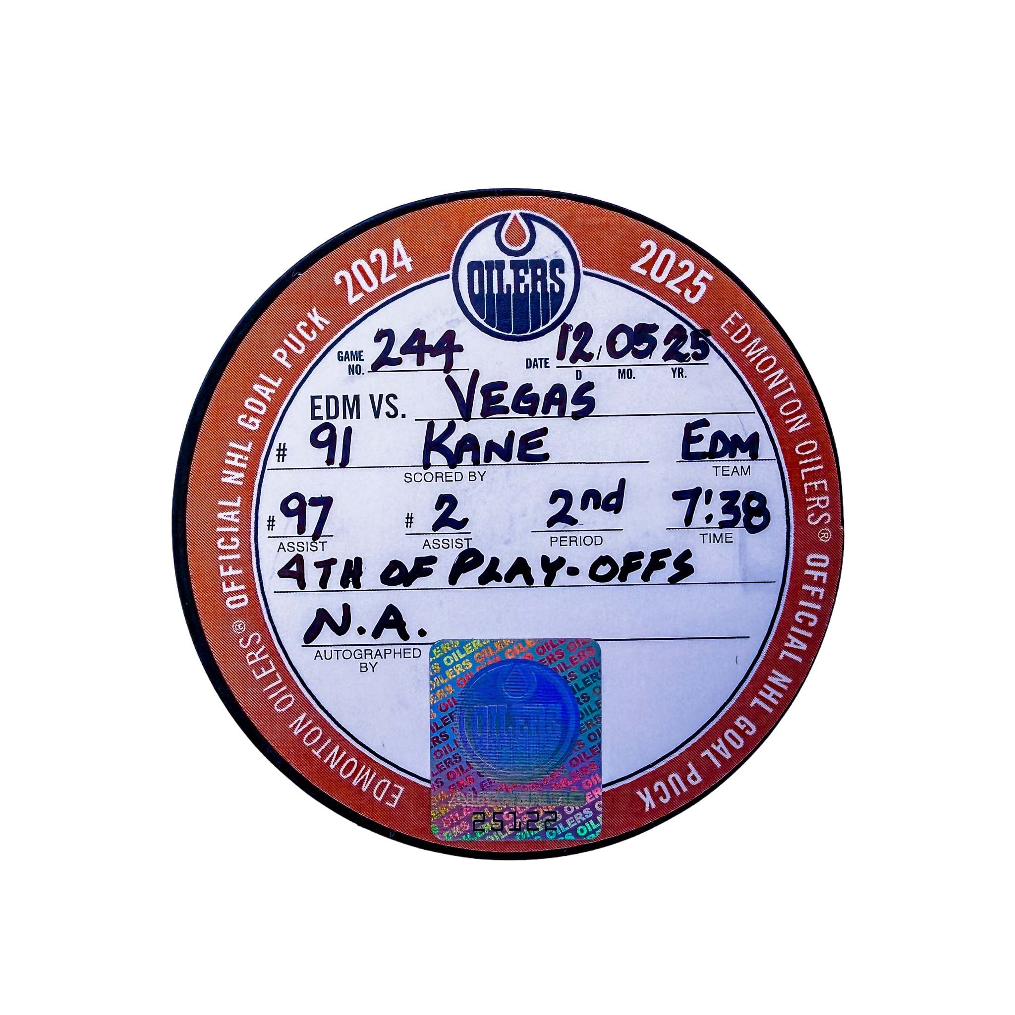 Evander Kane Edmonton Oilers Playoff Goal Puck - May. 12/2025 vs Vegas Golden Knights #25122 - Image 2