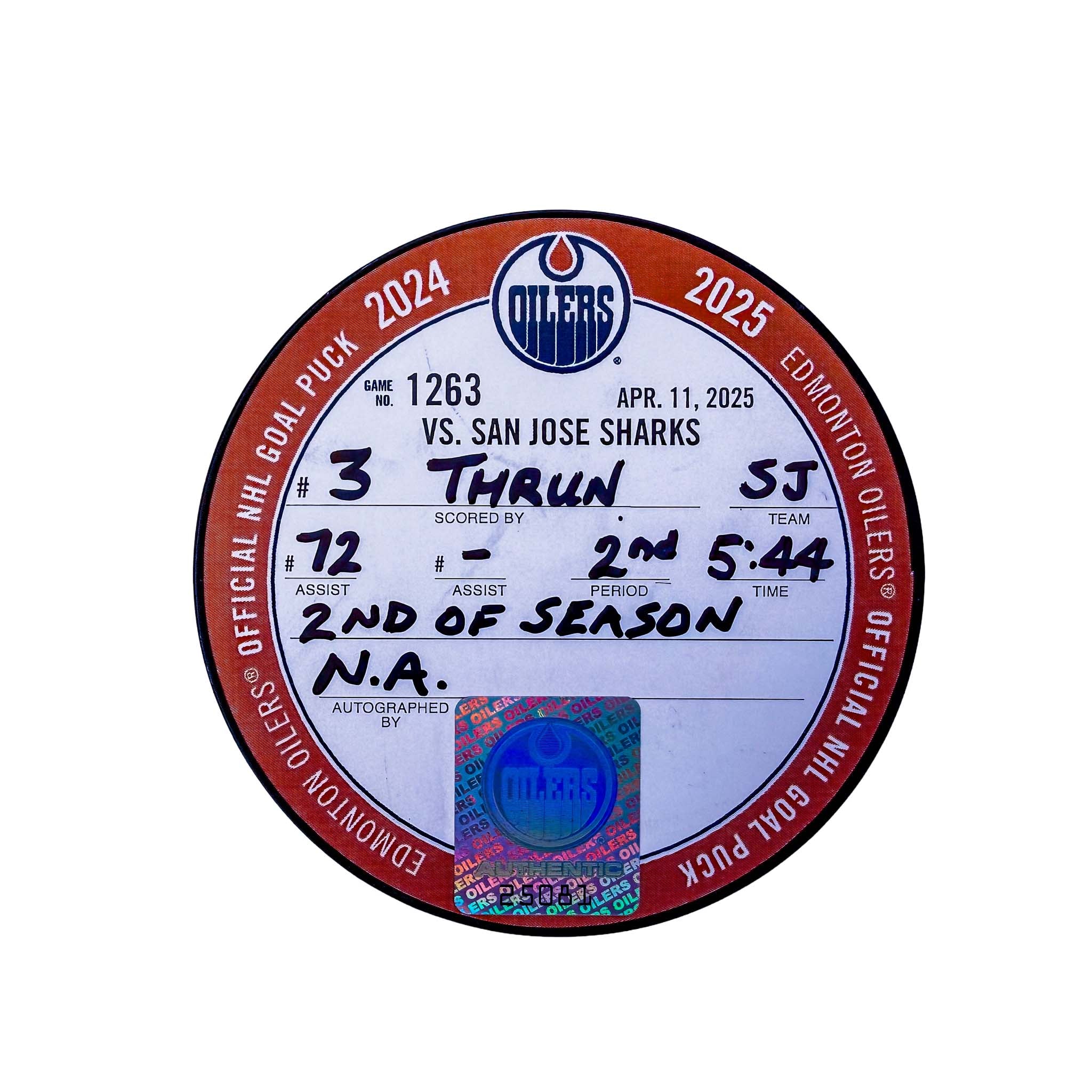 Henry Thrun San Jose Sharks Goal Puck - Apr. 11/2025 vs Edmonton Oilers #25081 - Image 2