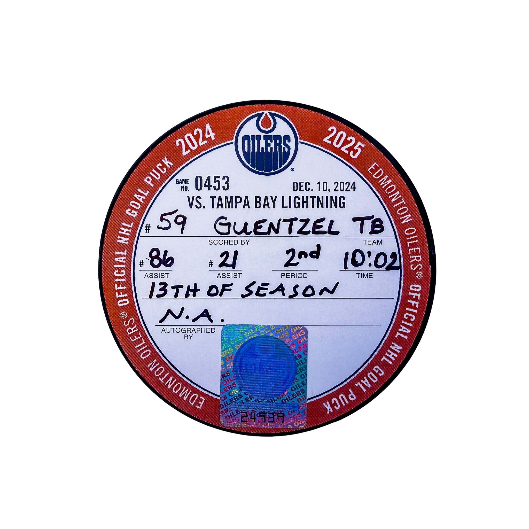 Jake Guentzel Tampa Bay Lightning Goal Puck - Dec. 10/2024 vs Edmonton Oilers #24939 - Image 2