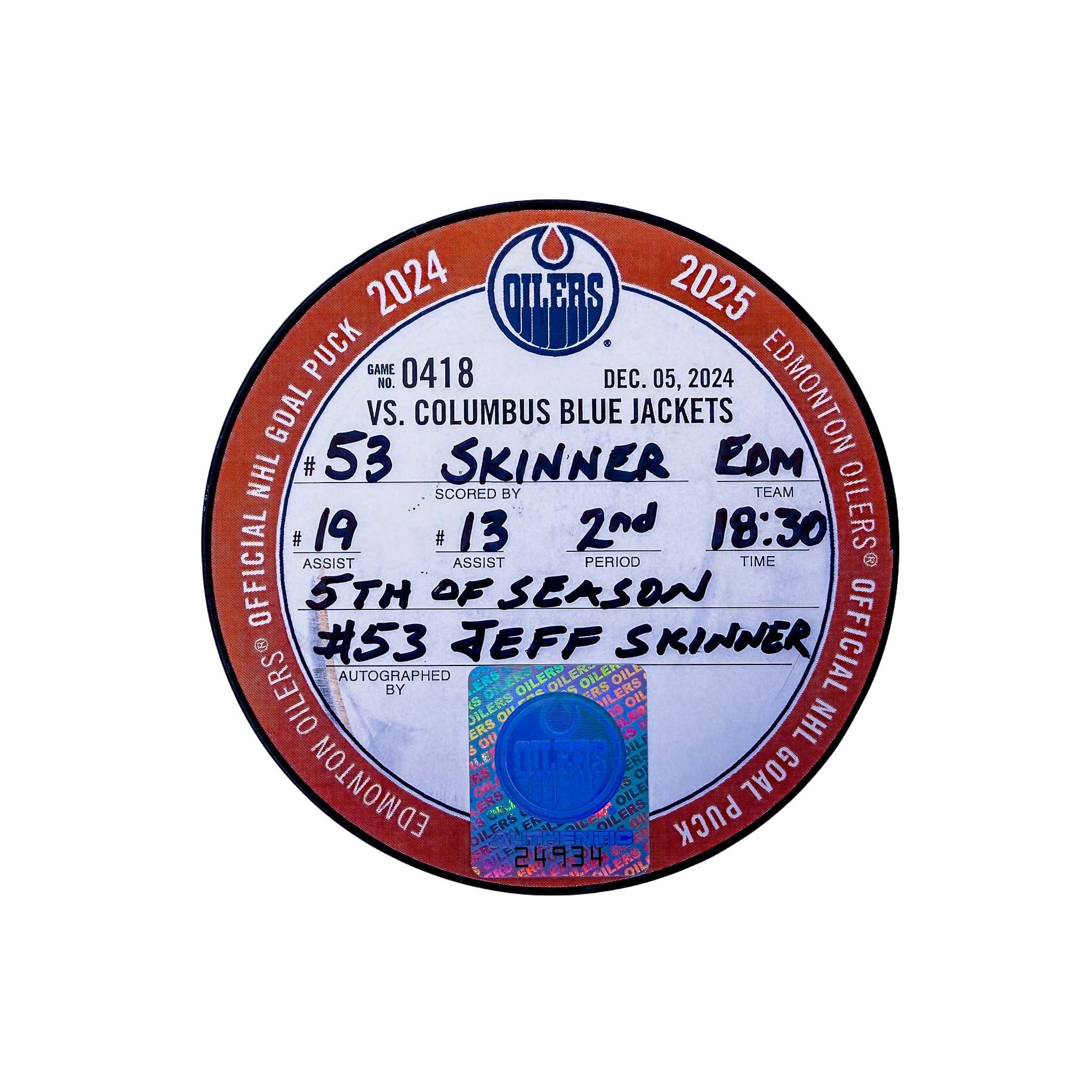 Jeff Skinner Edmonton Oilers Autographed Goal Puck - Dec. 5/2024 vs Columbus Blue Jackets #24934 - Image 2