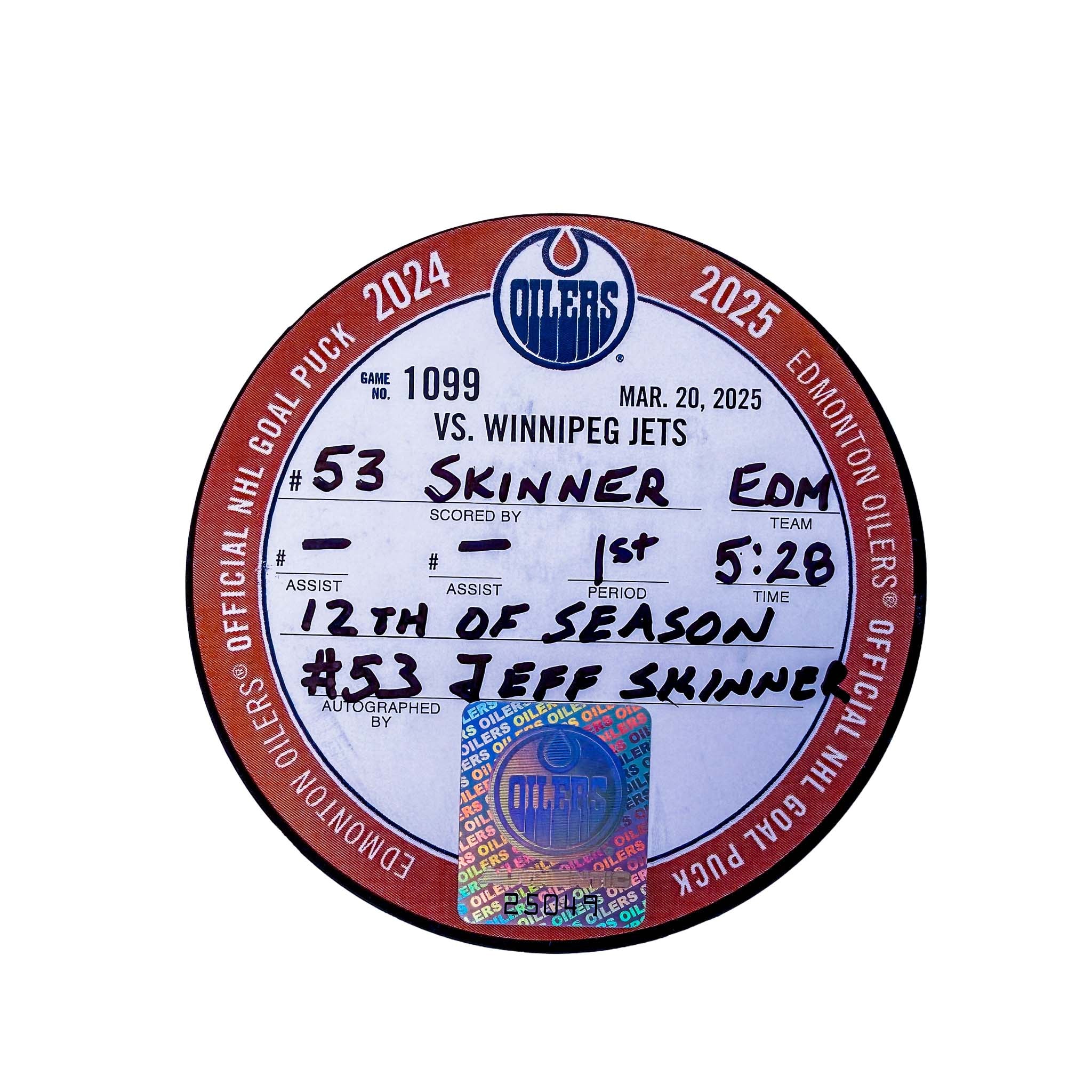 Jeff Skinner Edmonton Oilers Autographed Goal Puck - Mar. 20/2025 vs Winnipeg Jets #25049 - Image 2