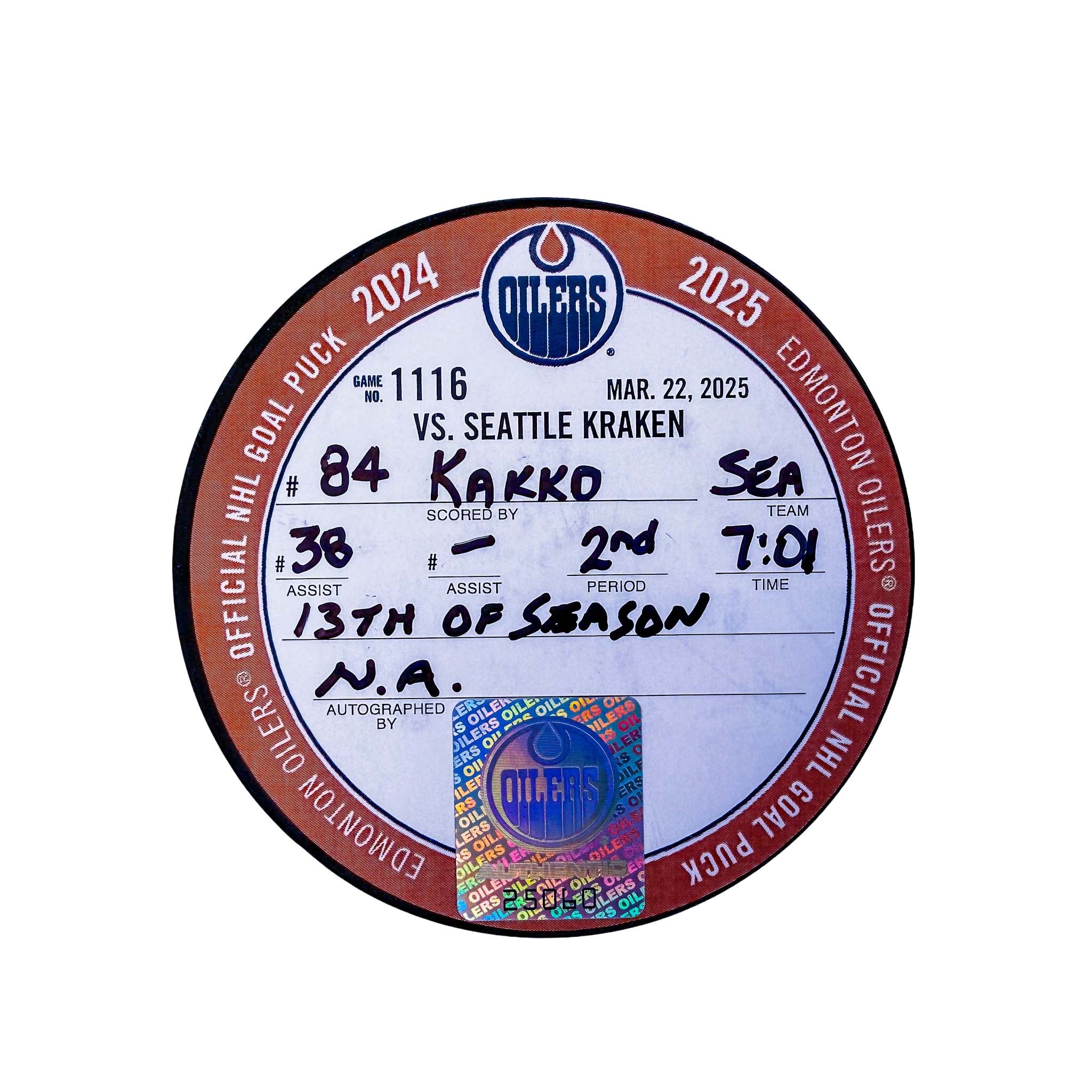 Kaapo Kakko Seattle Kraken Goal Puck - Mar. 22/2025 vs Edmonton Oilers #25060 - Image 2