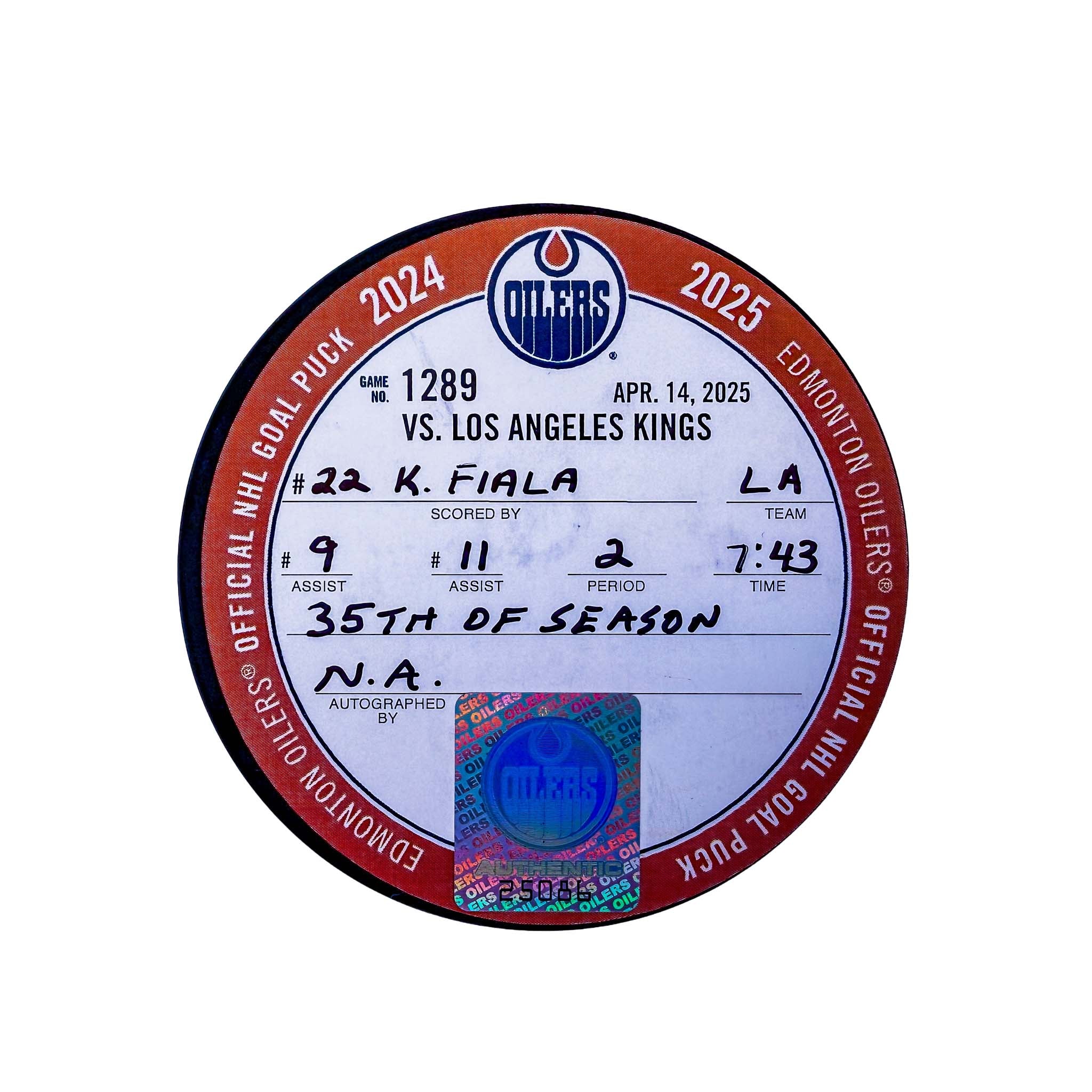 Kevin Fiala Los Angeles Kings Goal Puck - Apr. 14/2025 vs Edmonton Oilers #25086 - Image 2