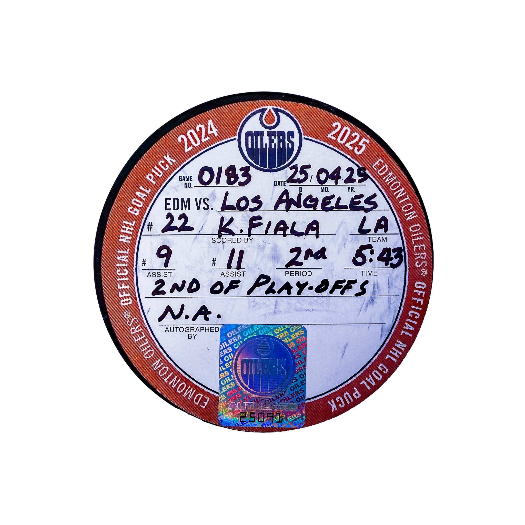 Kevin Fiala Los Angeles Kings Playoff Goal Puck - Apr. 25/2025 vs Edmonton Oilers #25091 - Image 2