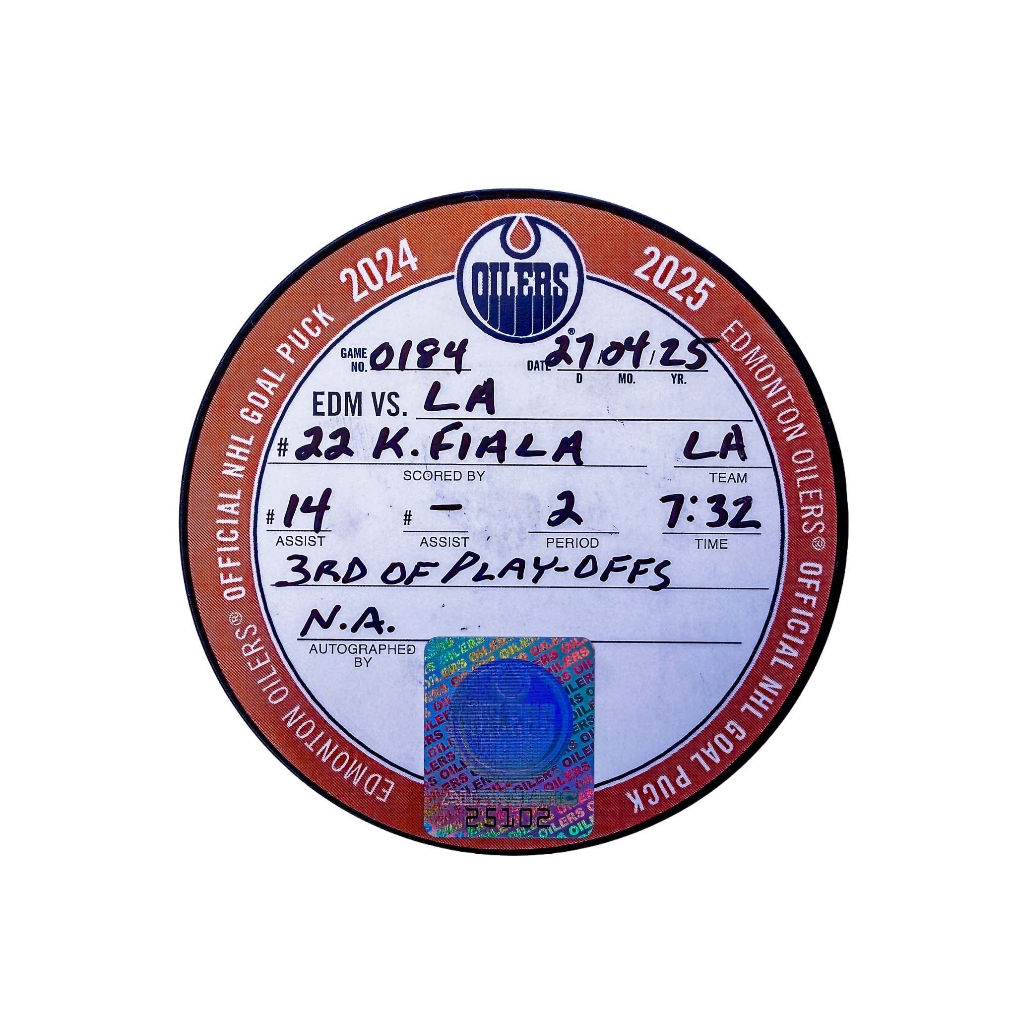 Kevin Fiala Los Angeles Kings Playoff Goal Puck - Apr. 27/2025 vs Edmonton Oilers #25102 - Image 2