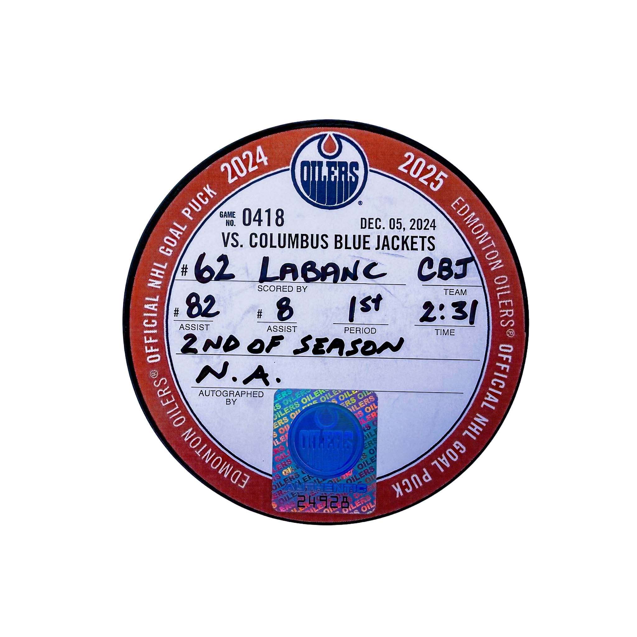 Kevin Labanc Columbus Blue Jackets Goal Puck - Dec. 5/2024 vs Edmonton Oilers #24928 - Image 2