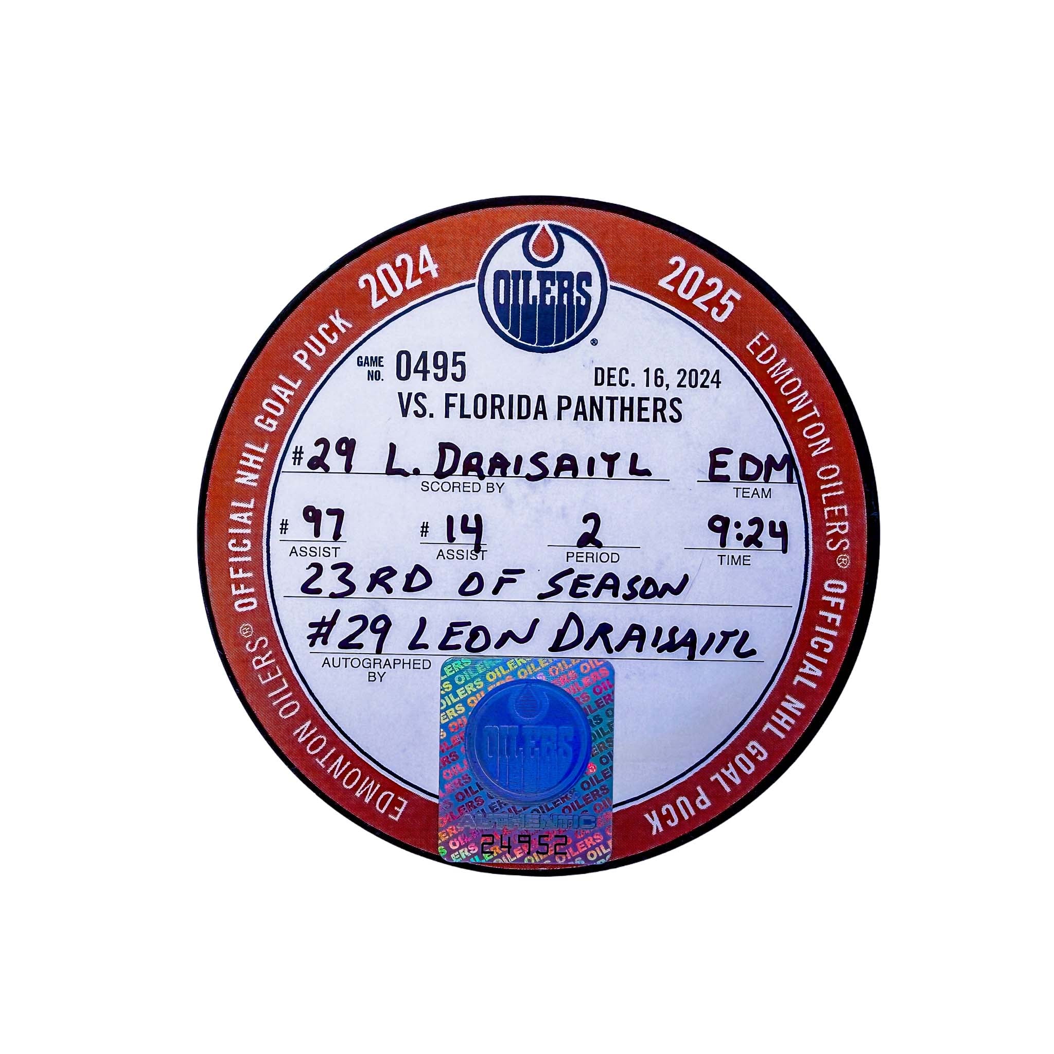 Leon Draisaitl Edmonton Oilers Autographed Goal Puck - Dec. 16/2024 vs Florida Panthers #24952 - Image 2