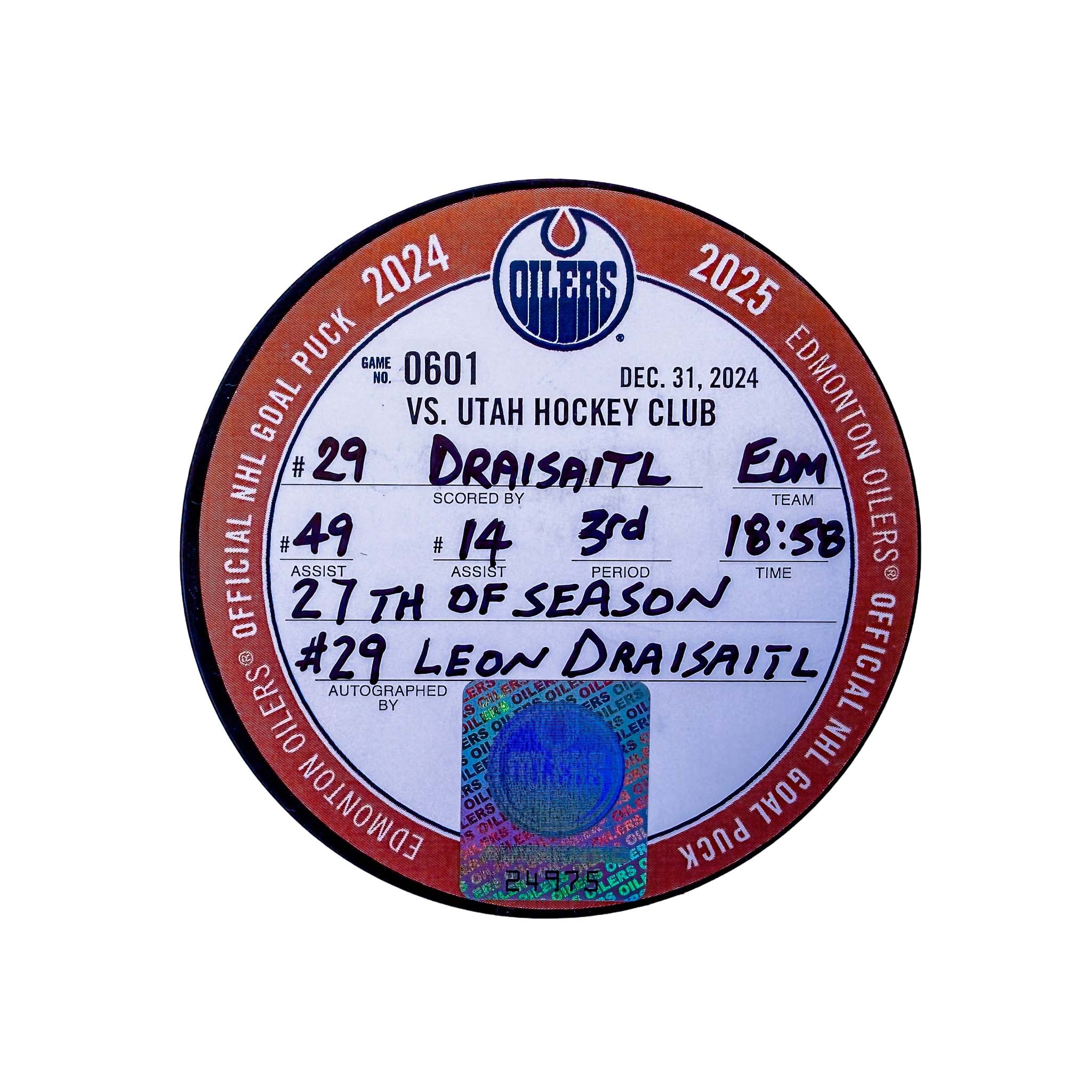 Leon Draisaitl Edmonton Oilers Autographed Goal Puck - Dec. 31/2024 vs Utah Mammoth #24975 - Image 2