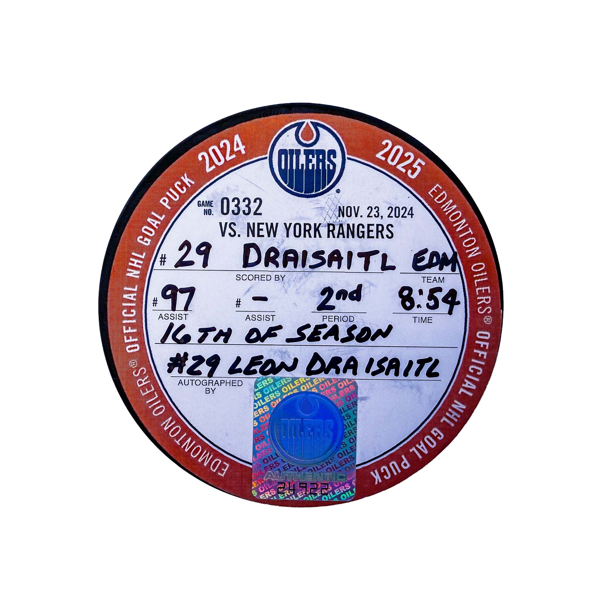 Leon Draisaitl Edmonton Oilers Autographed Goal Puck - Nov. 23/2024 vs New York Rangers #24922 - Image 2
