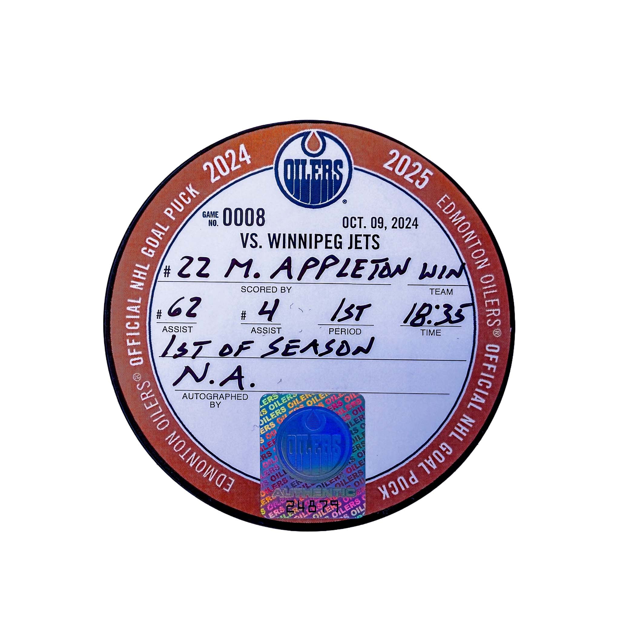 Mason Appleton Winnipeg Jets Goal Puck - Oct. 9/2024 vs Edmonton Oilers #24879 - Image 2