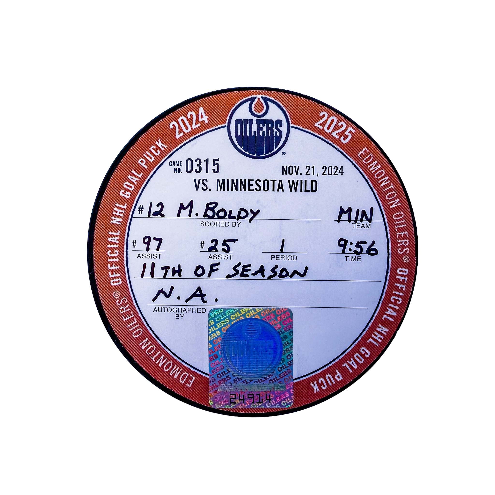 Matt Boldy Minnesota Wild Goal Puck - Nov. 21/2024 vs Edmonton Oilers #24914 - Image 2