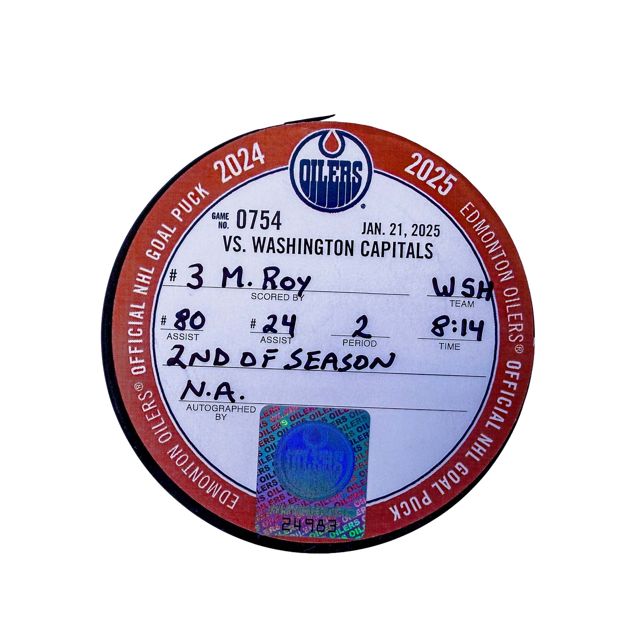 Matt Roy Washington Capitals Goal Puck - Jan. 21/2025 vs Edmonton Oilers #24983 - Image 2